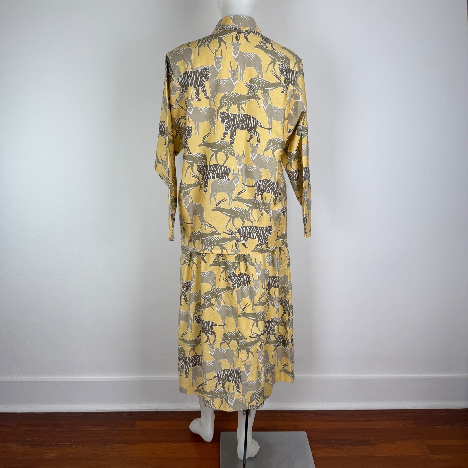 Vintage 80s Lorch Safari Print Top Skirt Set Yellow Cotton Animal Print Belted
