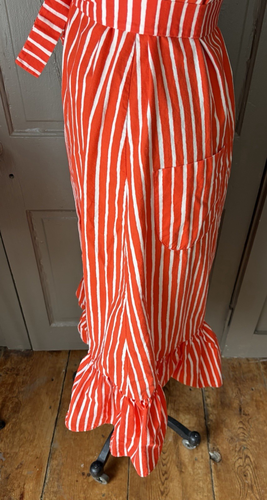 Vintage 1960s 1970s Marimekko Mariessu Red White Piccolo Stripe Apron Dress S