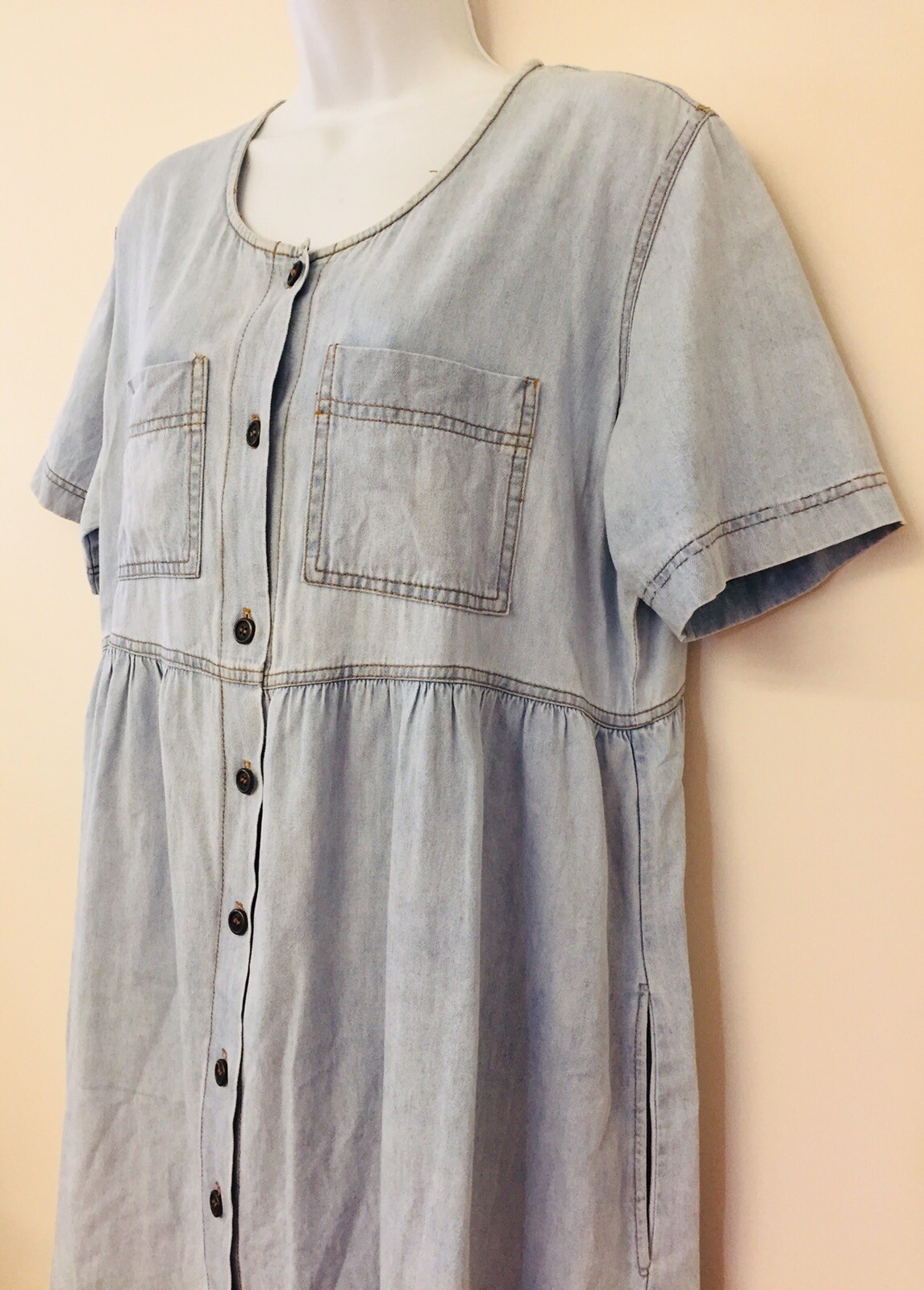 Chambray Short Sleeve Dress Pockets Vintage 1990s Light Blue Button Front M L XL