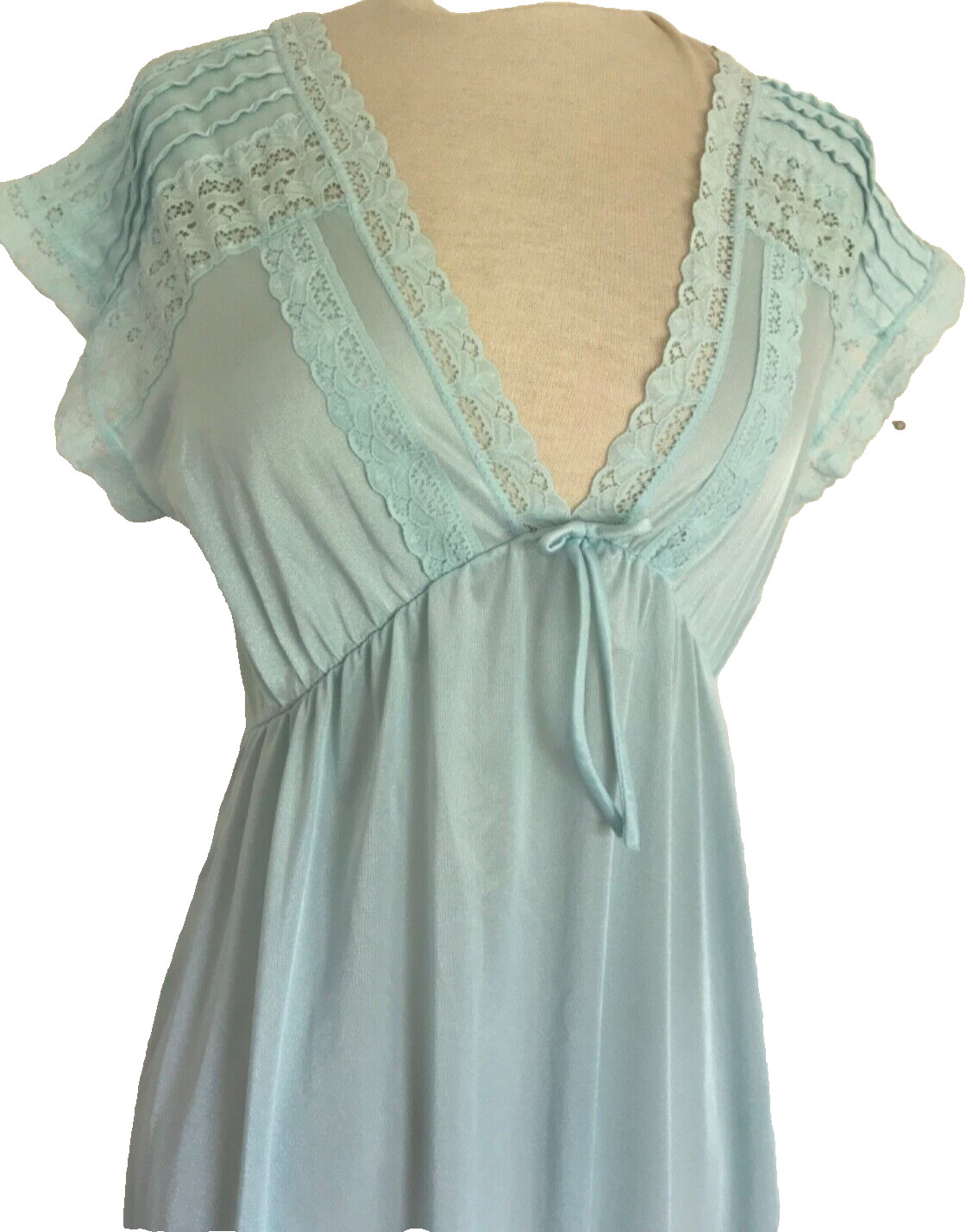 Vintage Powder Blue Nylon Lingerie Gown, Long V Neck Rikki New York M, Ruffle V