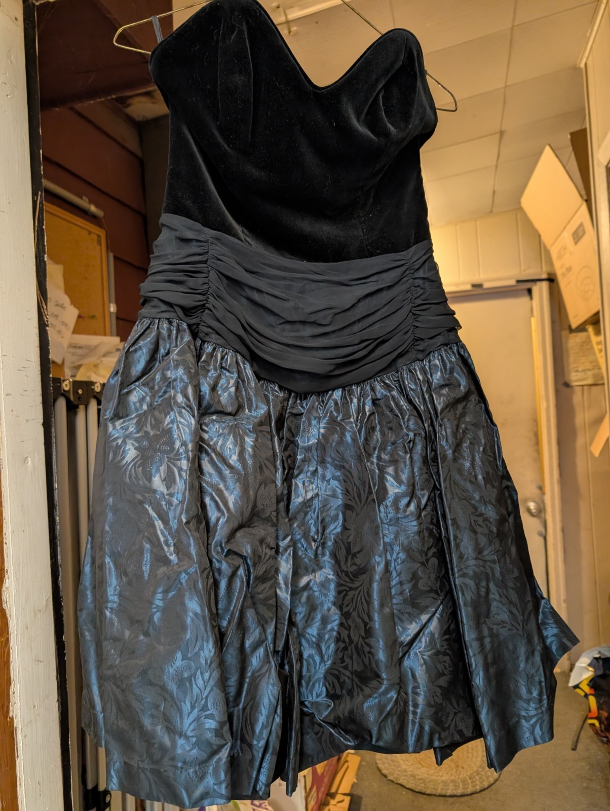 Vintage „Laura Ashley” Prom Dress, Velvet Strapless, Dark Teal Pattenes Taffeta