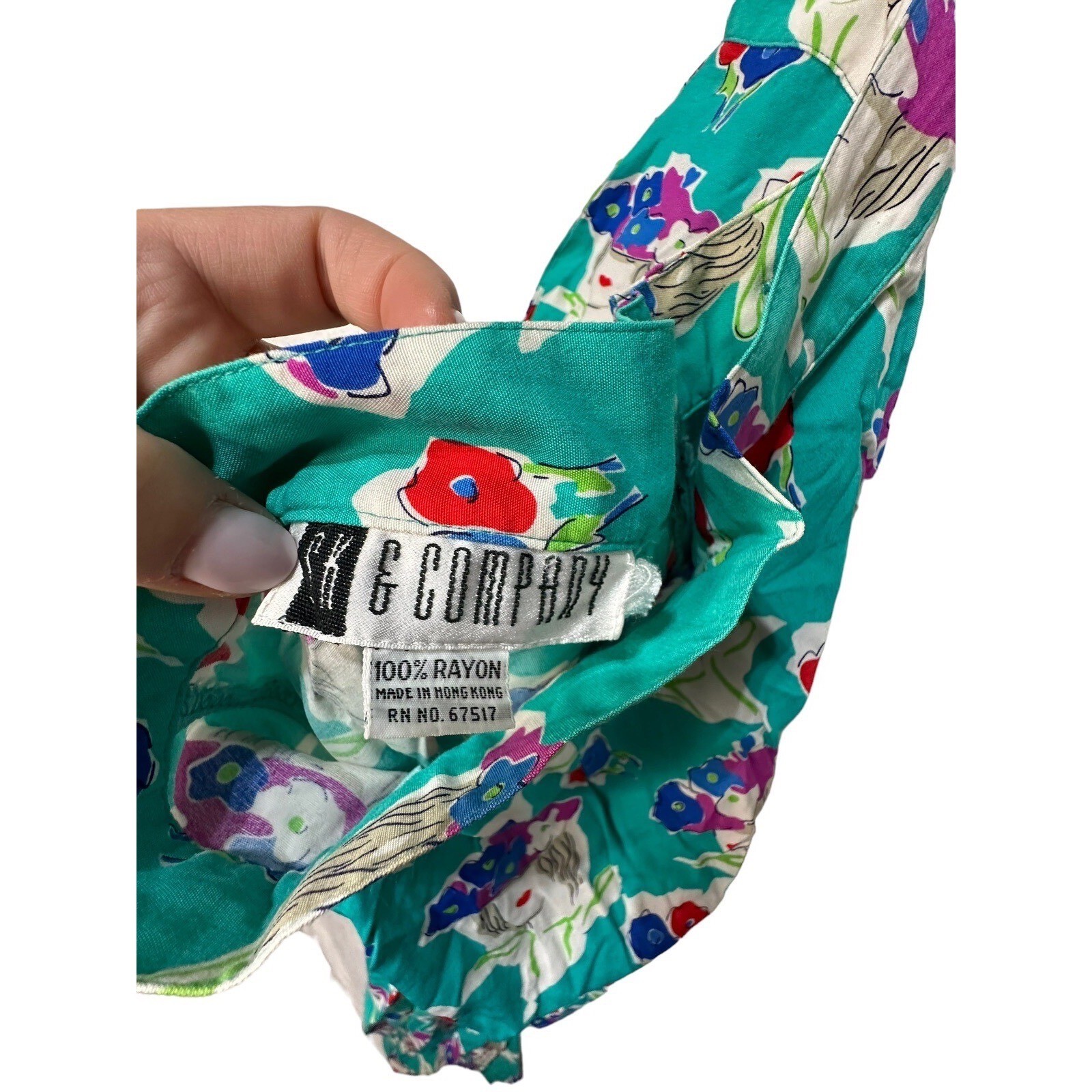 K & Company Vintage Teal Rayon Novelty Print Women Floral Hat Midi Skirt M
