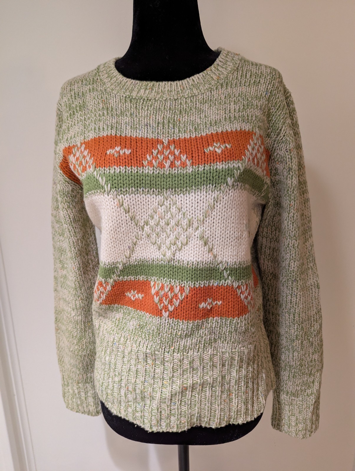 Vintage 1960s Tami Green Orange Knit Pullover Sweater Medium Longsleeve HongKong