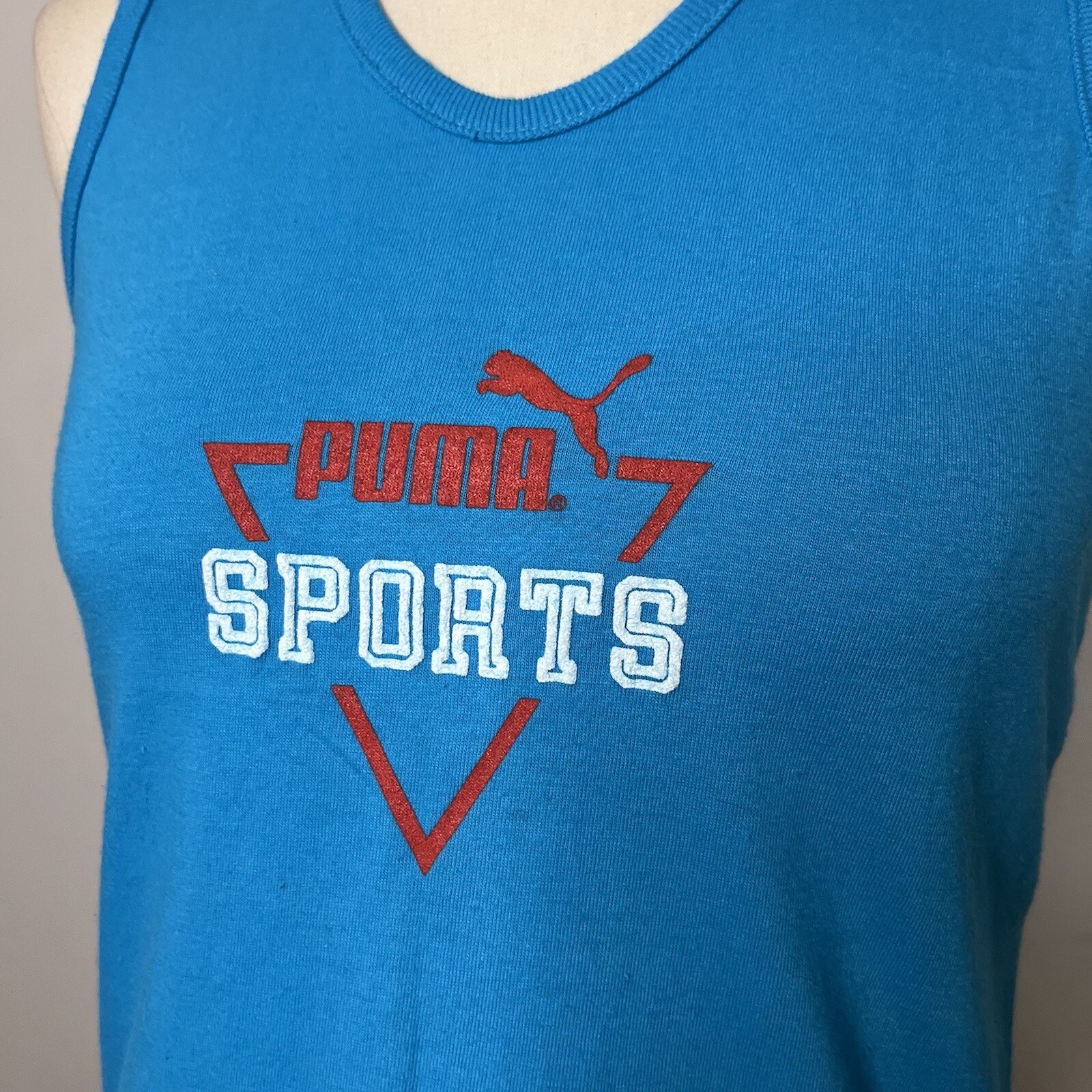 Vintage 80s Puma Blue Sporty Logo Womens Tank Top Athleisure Work Out