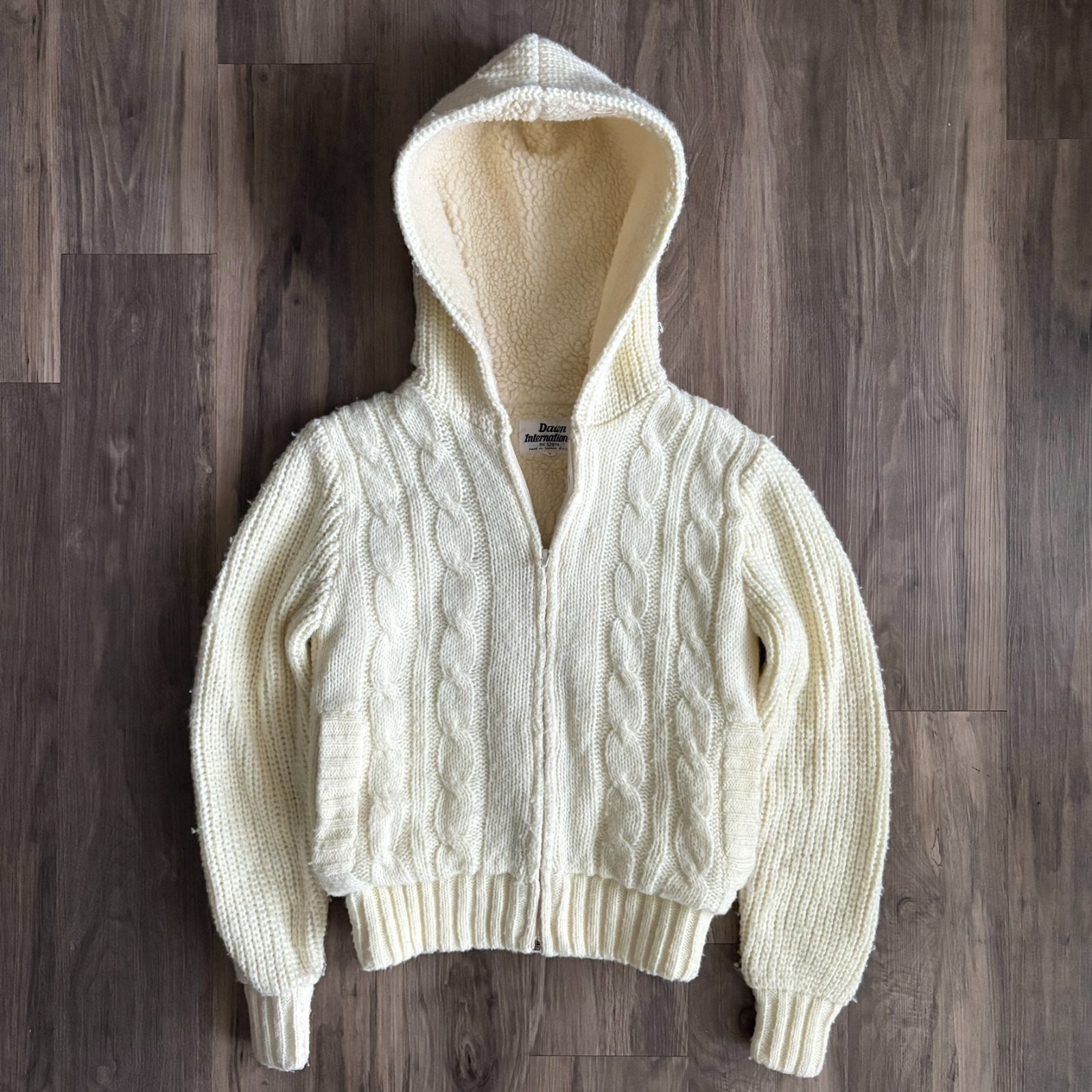 Vintage 1970s Cable Knit Zip Up Hoodie Jacket Sherpa Lined Women’s Size S RARE