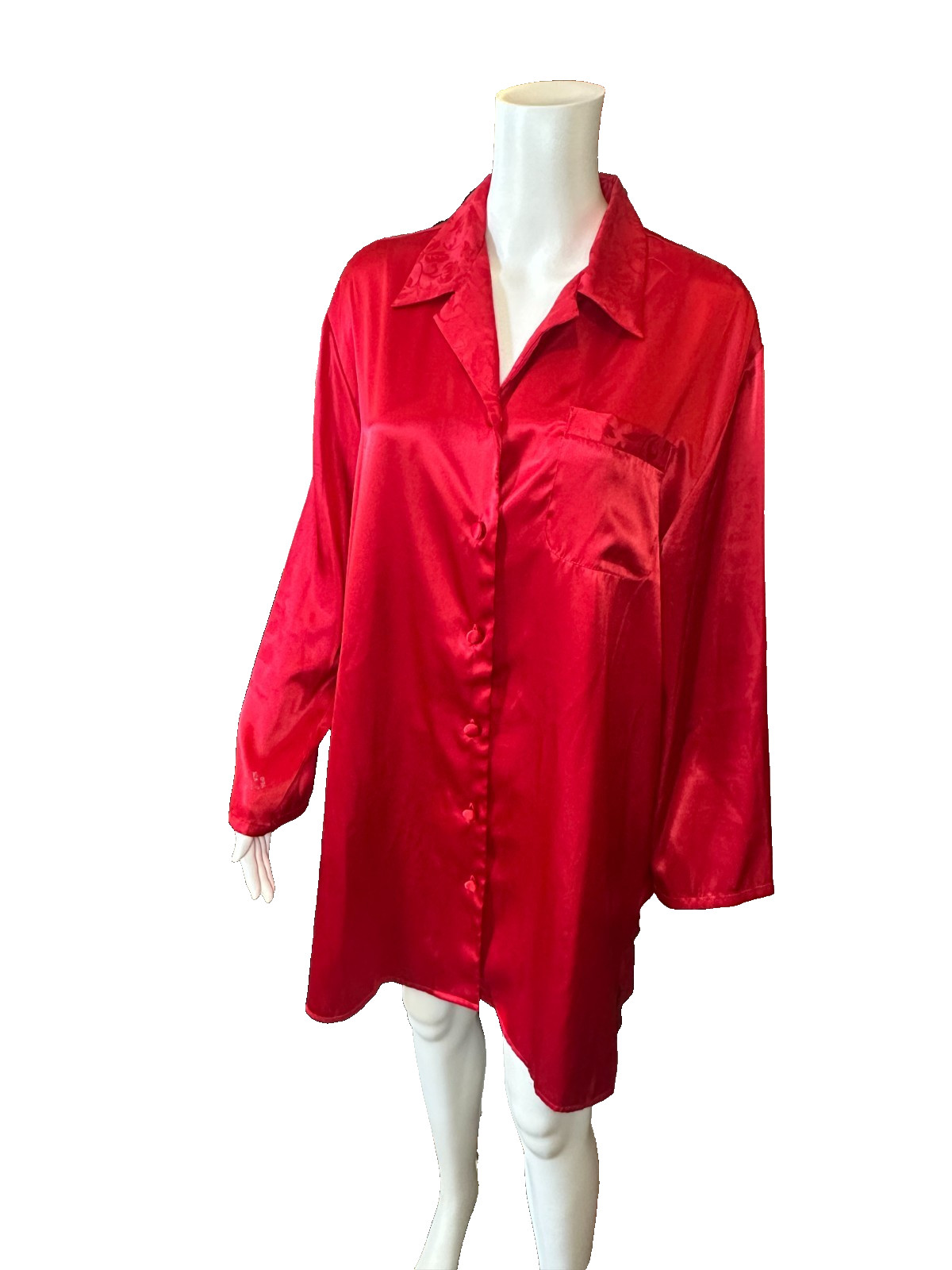 RED Satin Nightgown Button up collared Front pocket armpit to armpit 24″ tagless