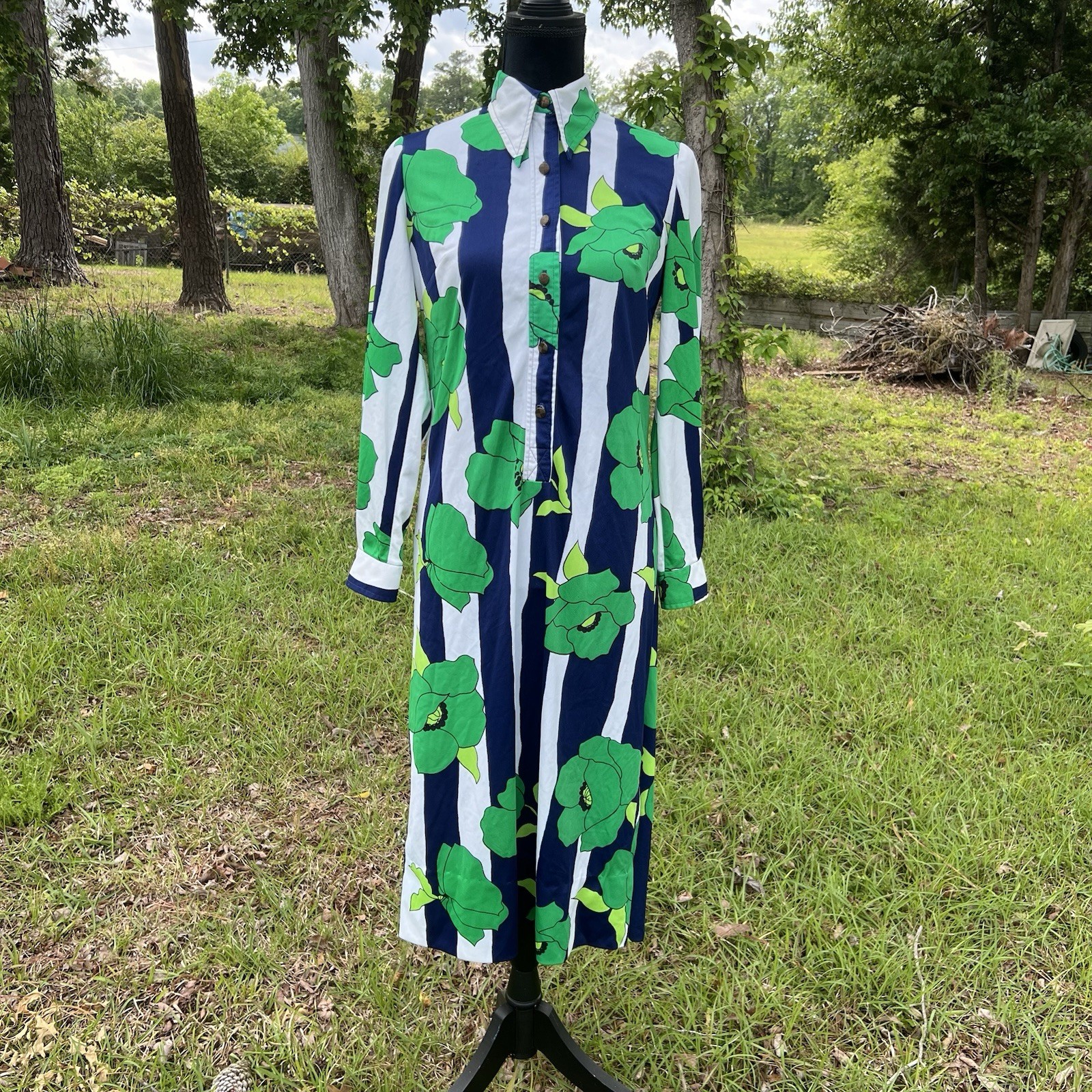 Vintage 70s Wilroy Traveller Retro Floral Striped Midi Shirt Dress Size M
