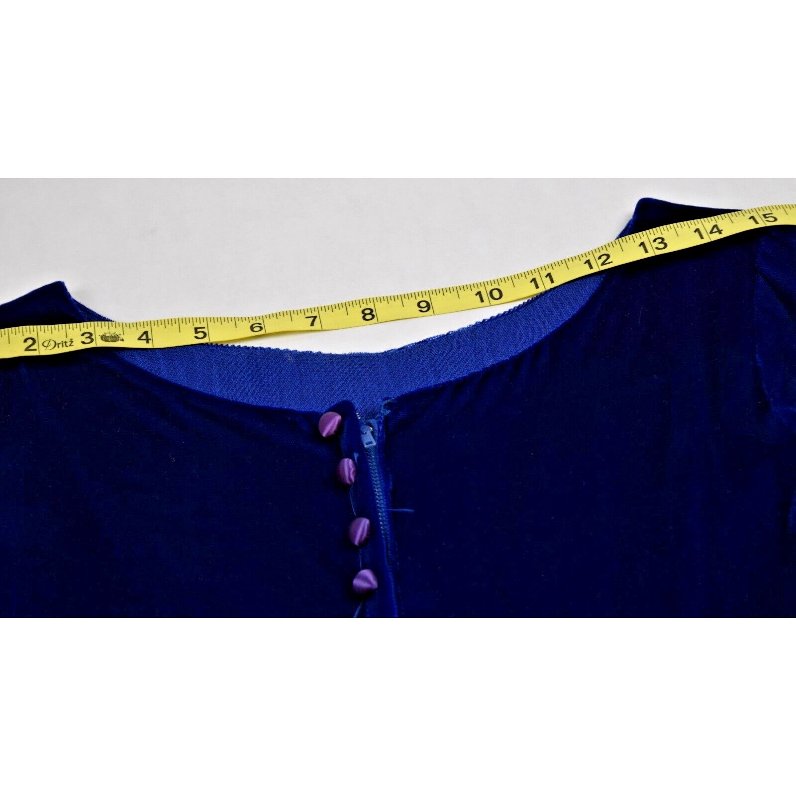 Vintage Dress Size S 70s Blue Velvet Ribbon Trim Empire Waist Button Back