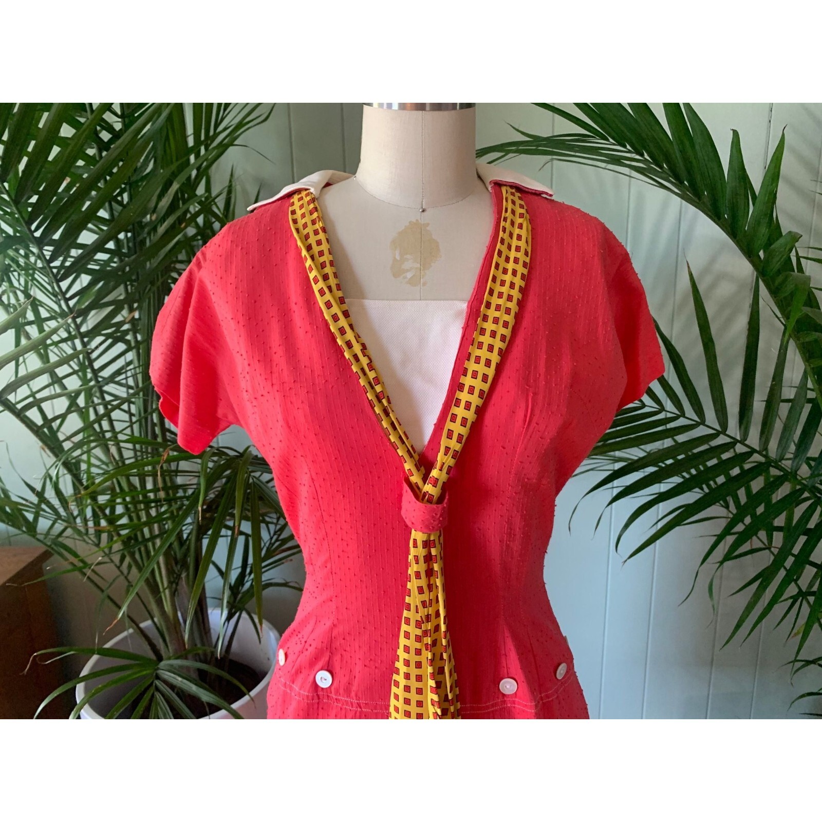 Vintage 1960s Red Dotted Swiss Cotton Dress White Collar Yellow Red Scarf