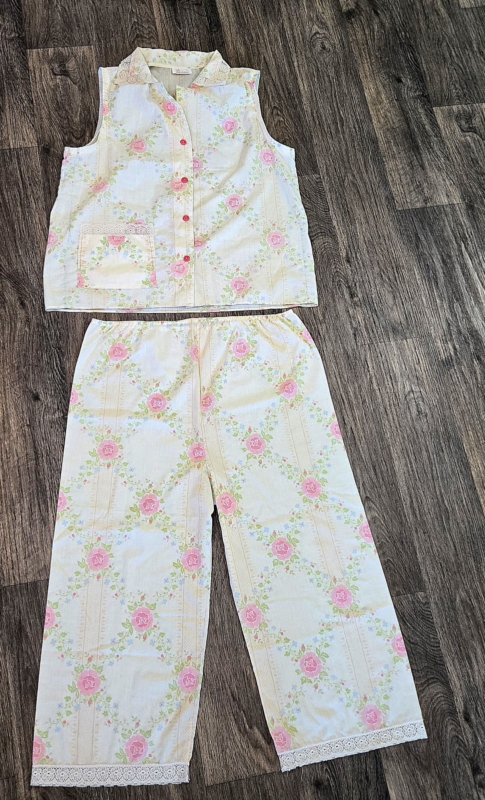 Vtg Barbizon Pajama 2 Set Womens Cottagecore Lace Floral Rose Handmade 60s 70s