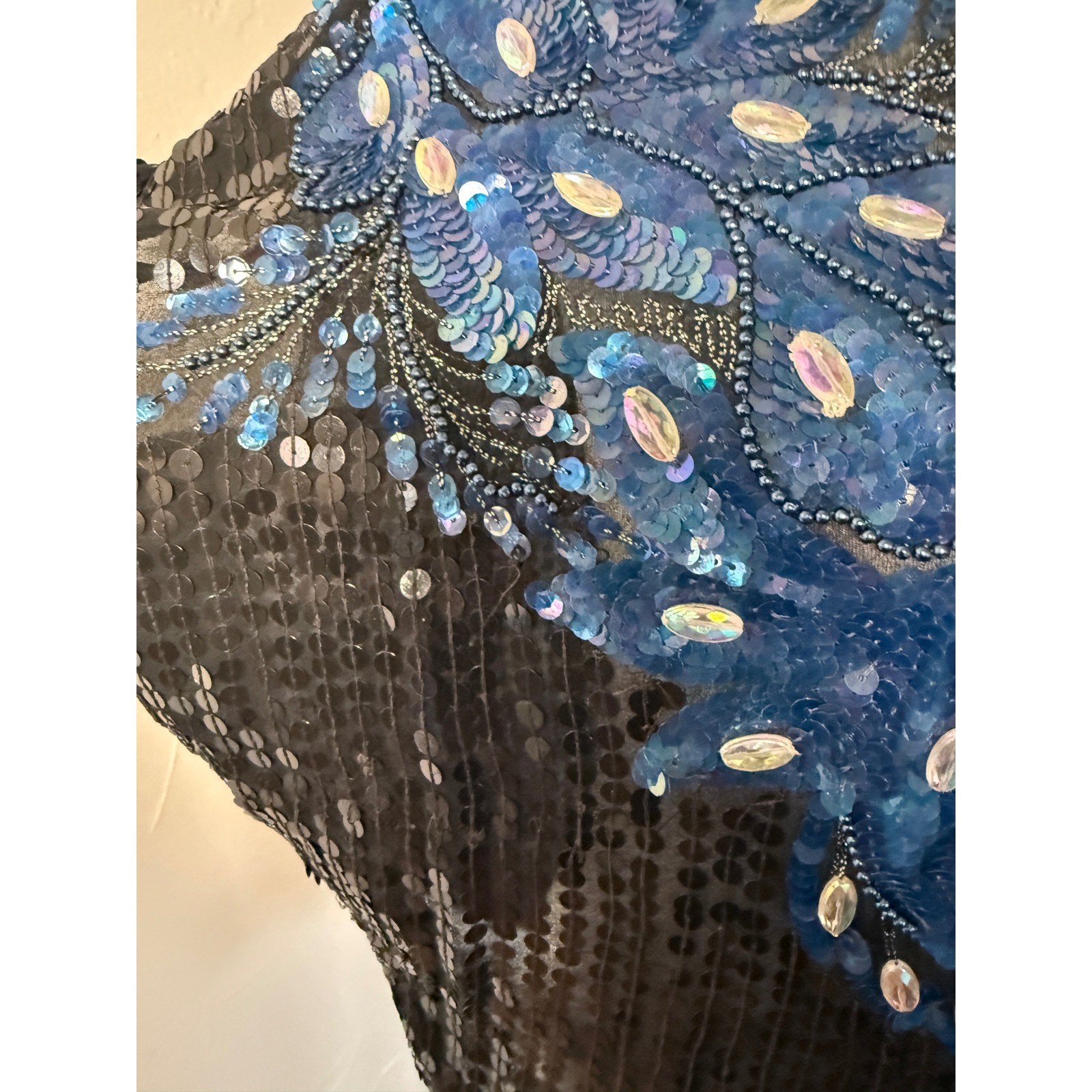 Vintage 80s Black Sequin Top Blue Floral Beaded Dolman Scallop Hem Party