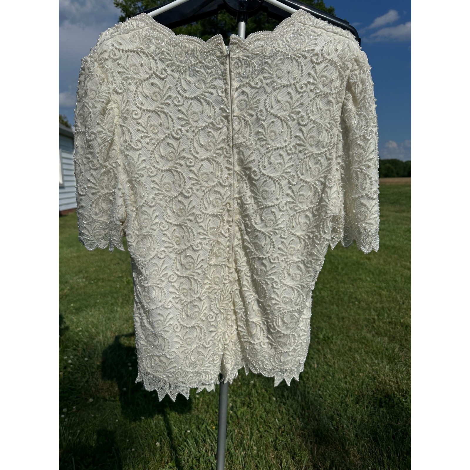Brilliante by JA Vintage Beaded Sequin Lace Top Ivory Pearl Bridal Evening Sz L
