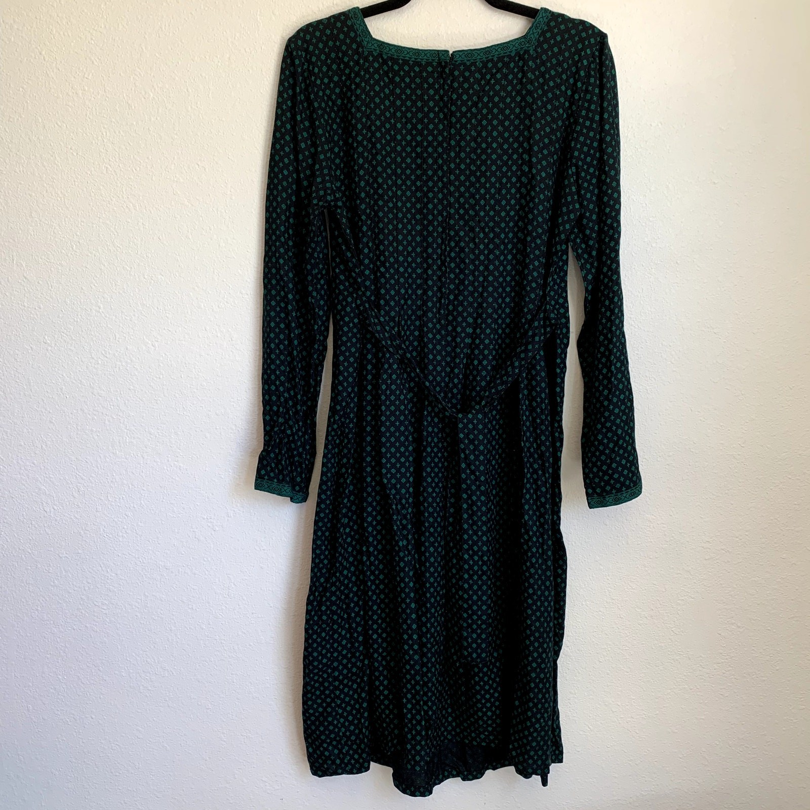 Sarah Elizabeth Vintage Green Black Diamond Print Rayon Cottagecore Dress Size 8