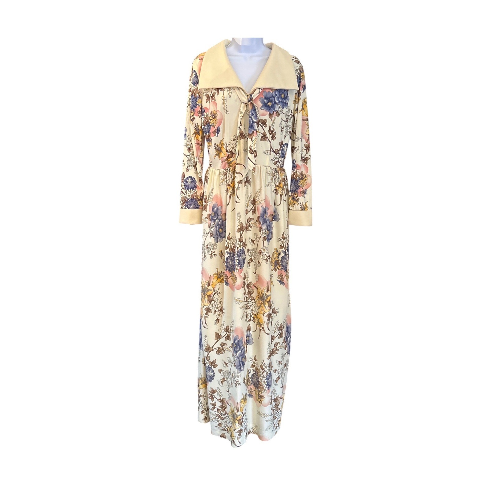 Vintage 70s Sears Fashions Floral Maxi Dress Tie Neck Prairie Boho