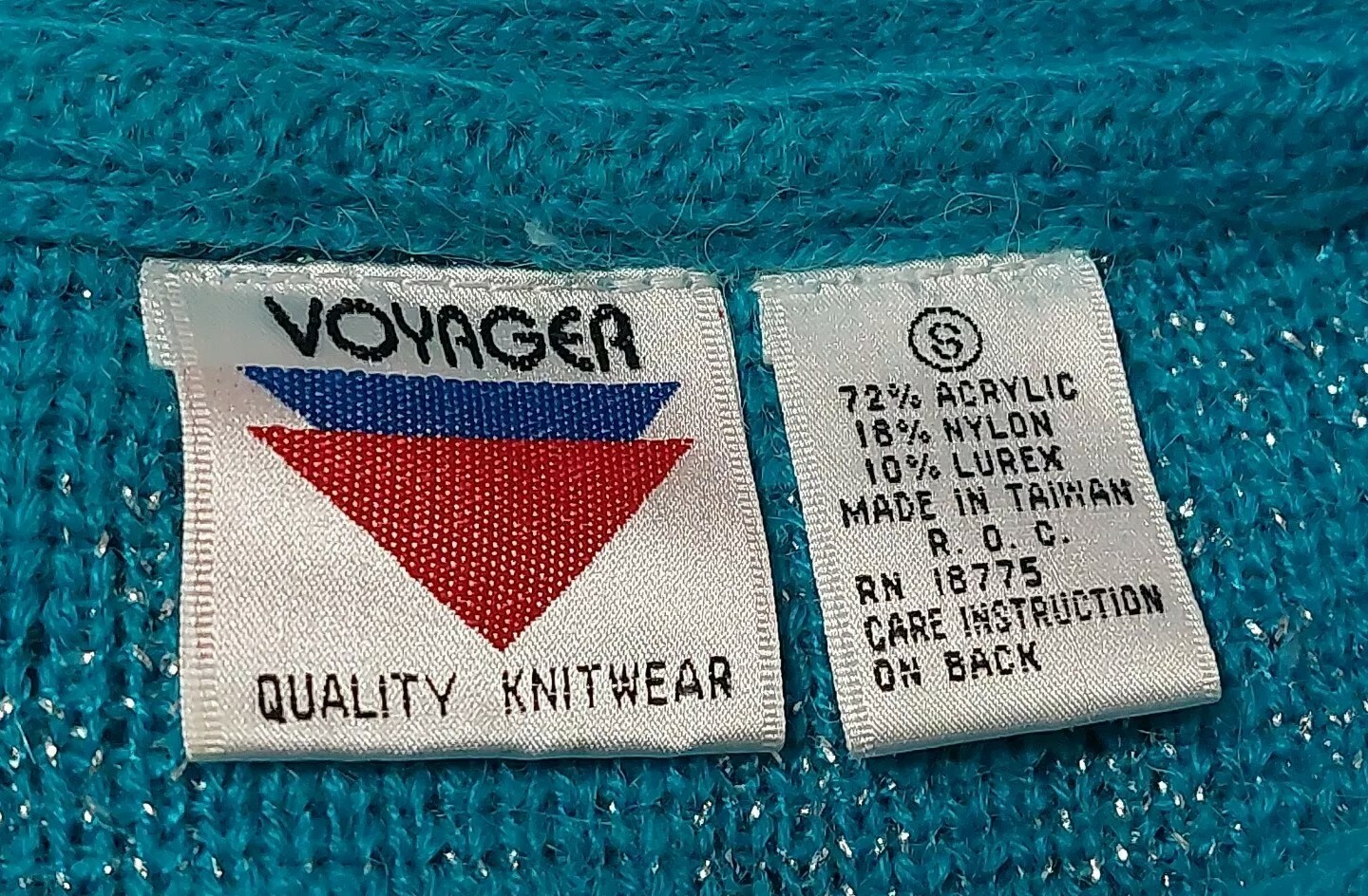 Vintage 80’s Voyager Sweater Aqua Blue w Silver Metallic Thread Acrylic Size S