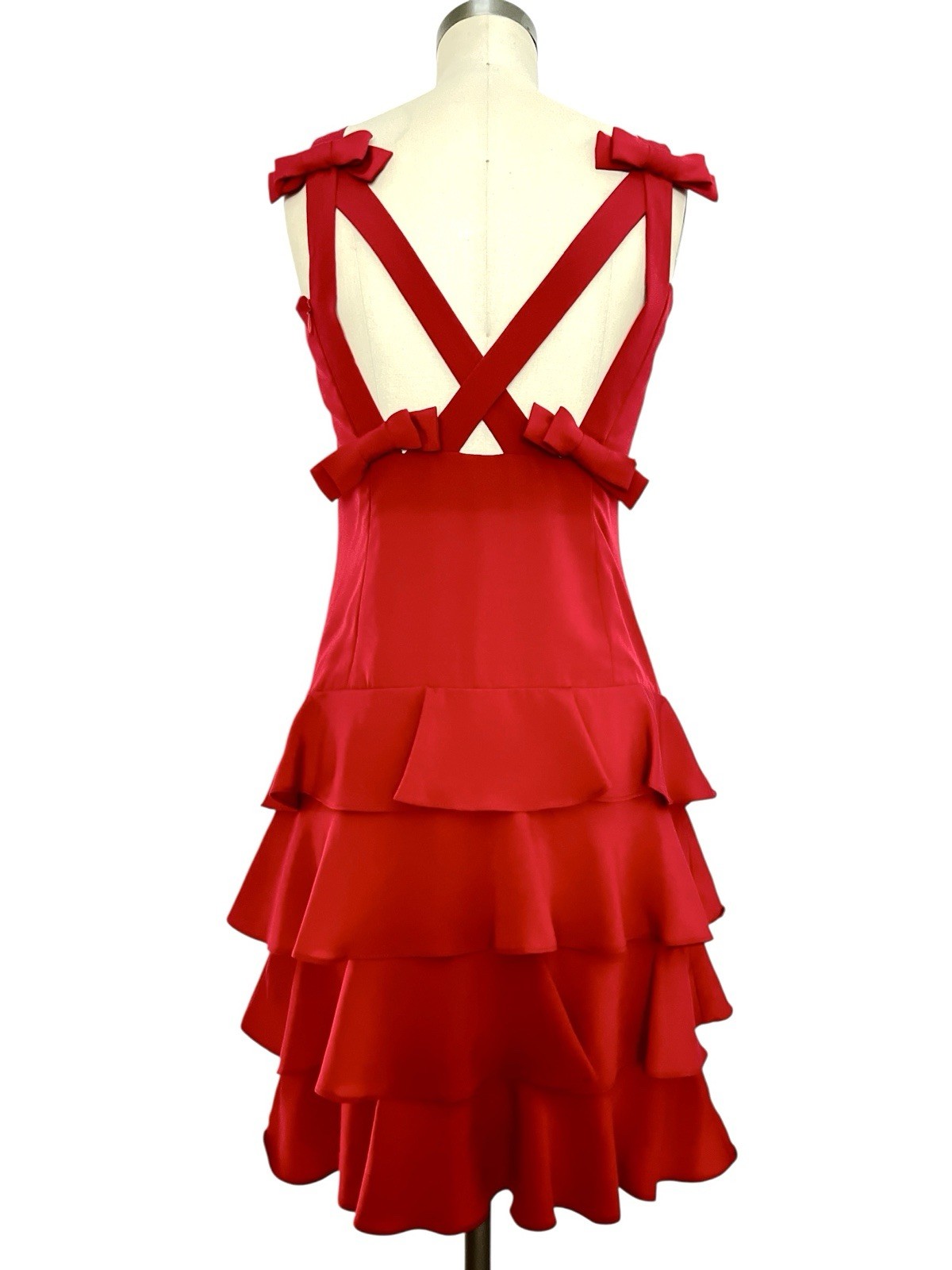 VTG Martin Ross 80s/90s Sz 4 XS/S Red Coquette Shift Dress Ruffle Bows Open Back