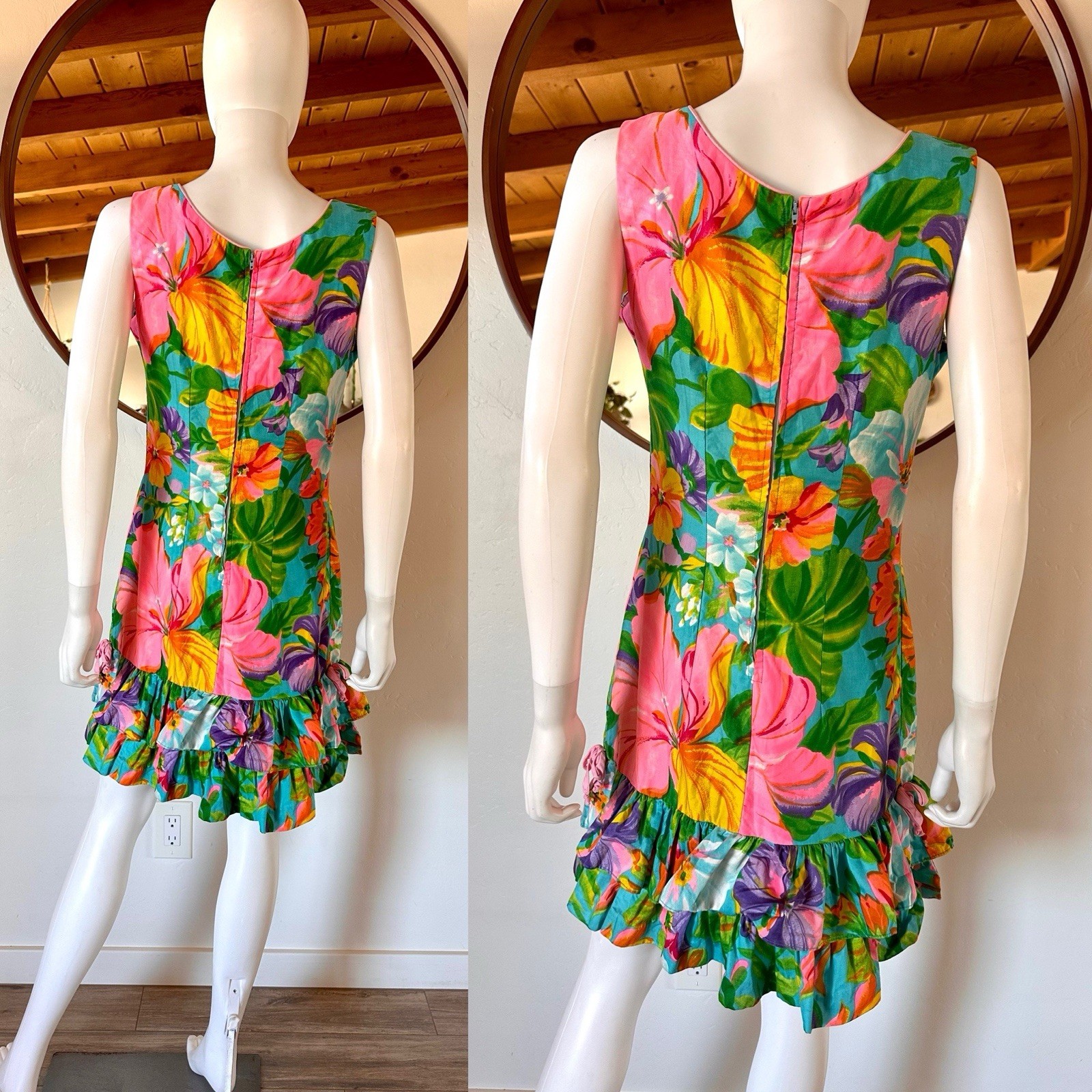 Vintage South Seas Hawaiian Colorful Tropical Floral Summer Dress Fits S-S/M