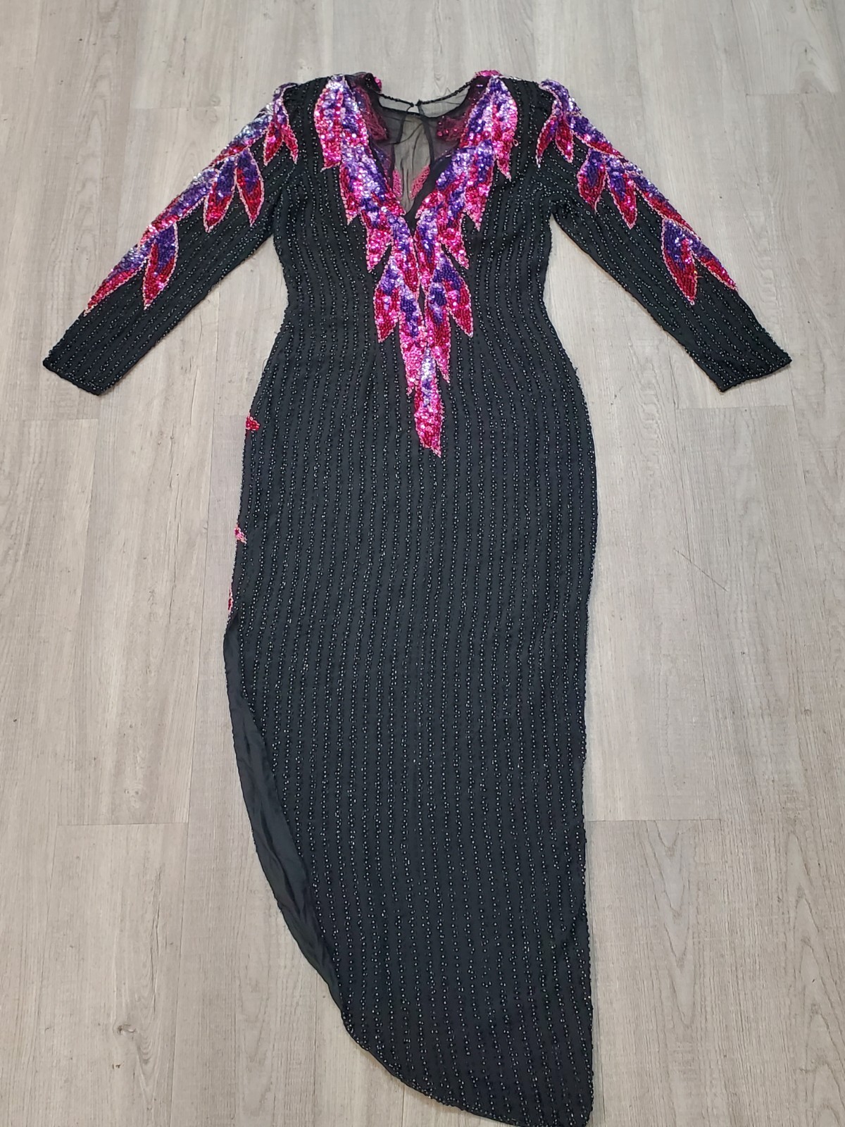 VTG 80s SHO MAX Black/Pink/Purple BEADED Sequined BAROQUE Silk TROPHY Dress Sz M