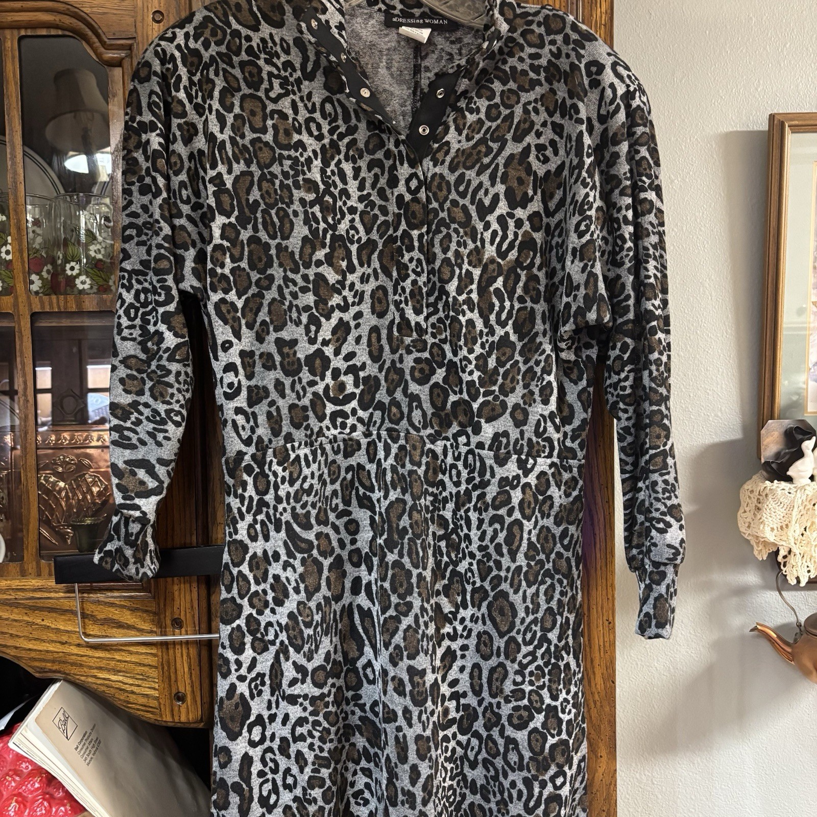 Vintage aDressing Woman Women’s Soft Knit Animal Print Dress Safari Chic XS
