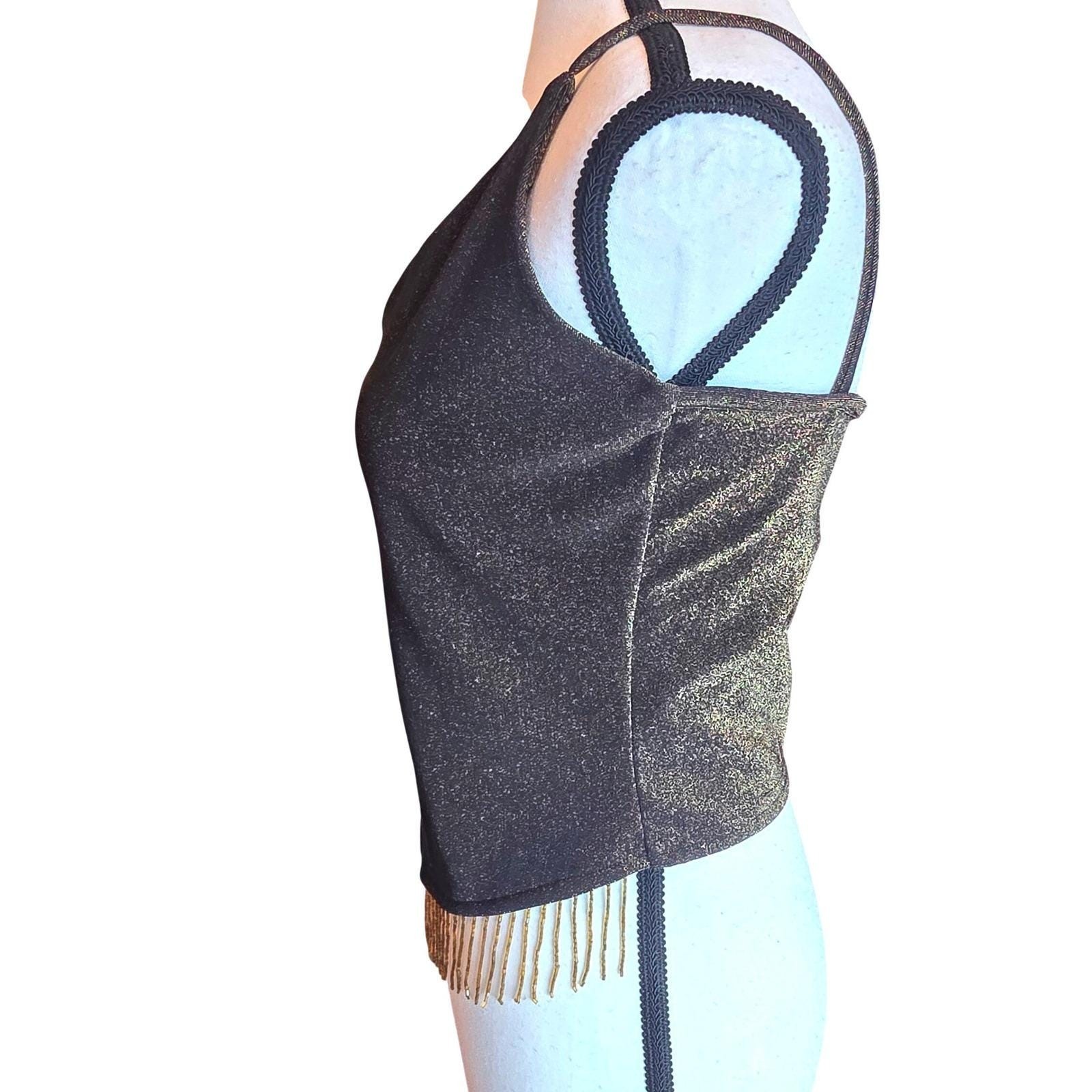 VTG 90s Mirrors Black Gold Metallic Cami Top Large Beaded Fringe Handkerchief L