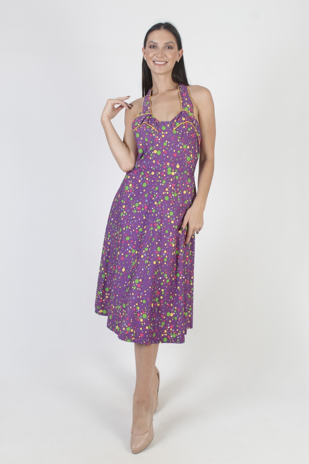 Vtg Rainbow Polka Dot Halter Dress Sweetheart Open Back Backless 70s Full Skirt