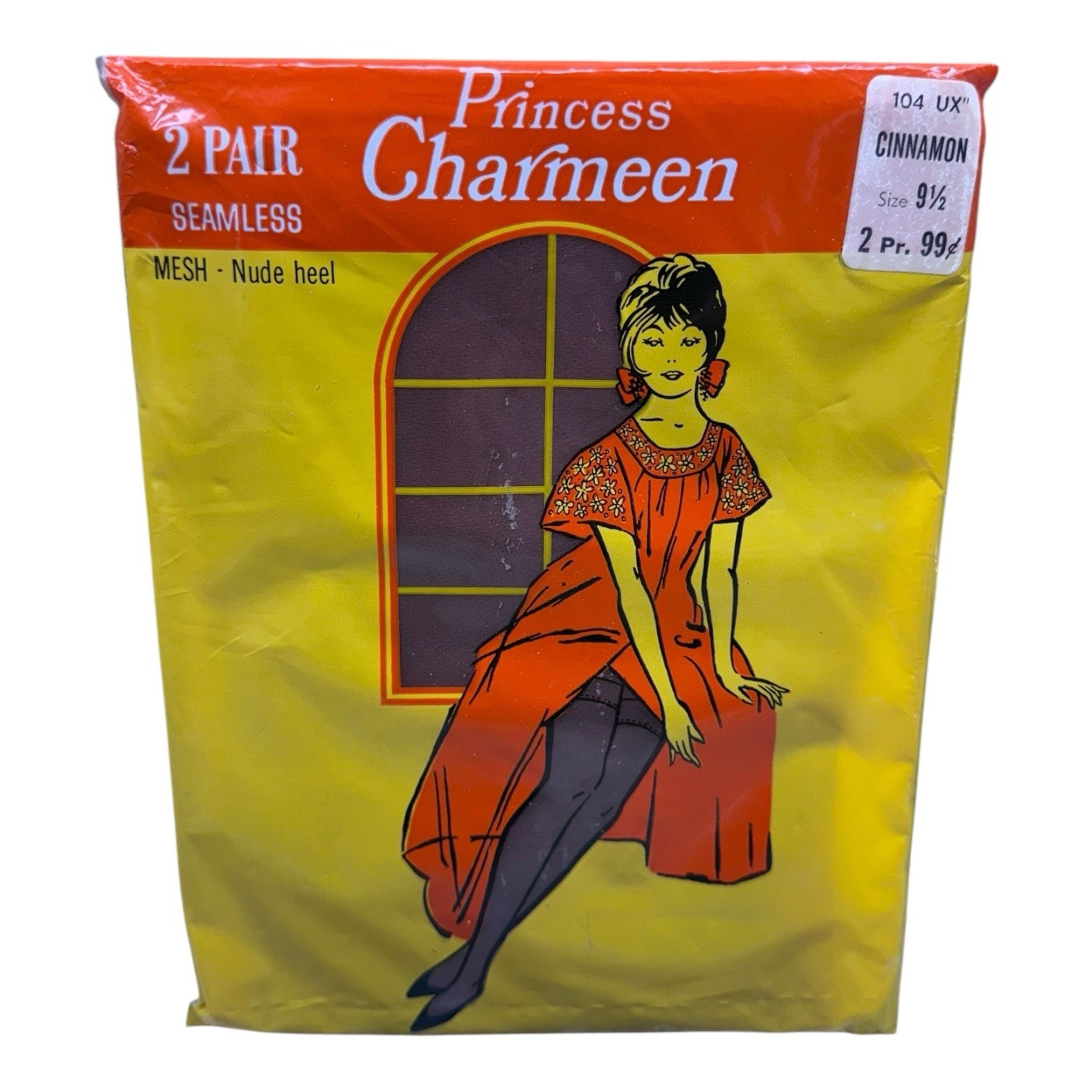 Vtg 2pr Princess Charmeen Nylon Garter Seamless Mesh Stockings Cinnamon 9 1/2