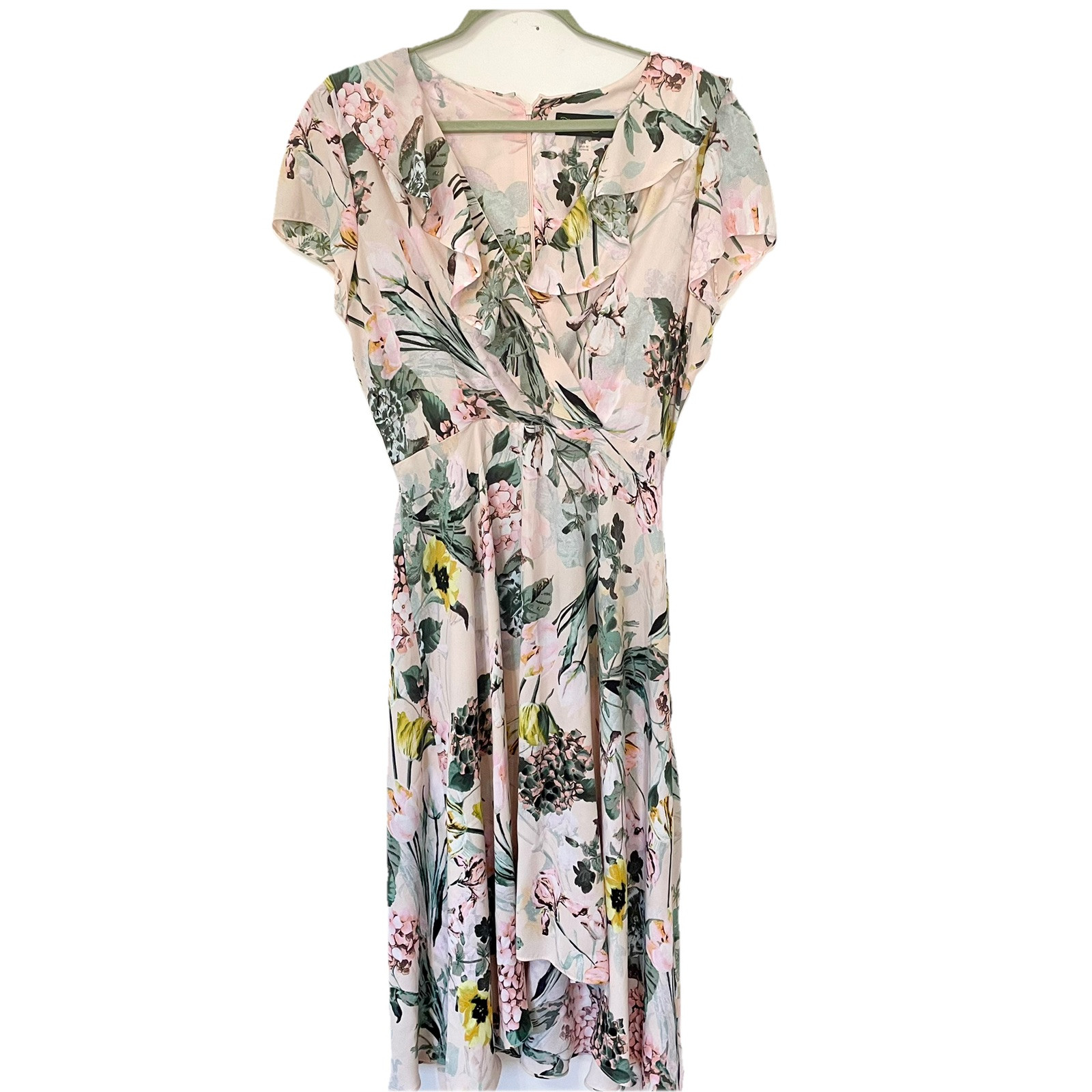 DN Design Dress 14 Ruffle V Neck 90s Floral Blush Hi Low Cottage Garden Feminine