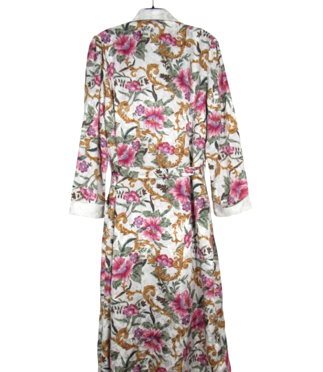 VTG TESORO White/Multi SATIN Floral BUTTON/TIE Lounge ROBE/NIGHTGOWN SET Sz XL