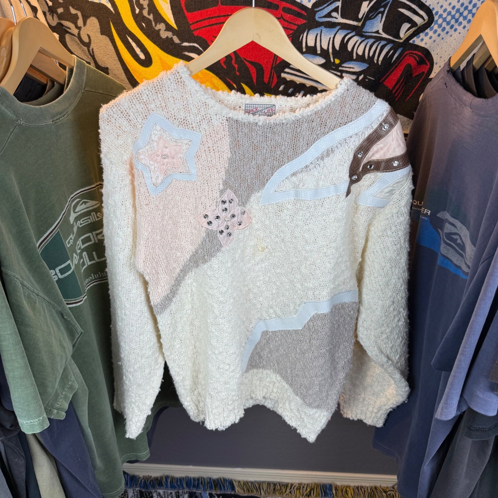 Vintage Spice of Life Pastel Knit Sweater Embellished Applique Star Floral Large
