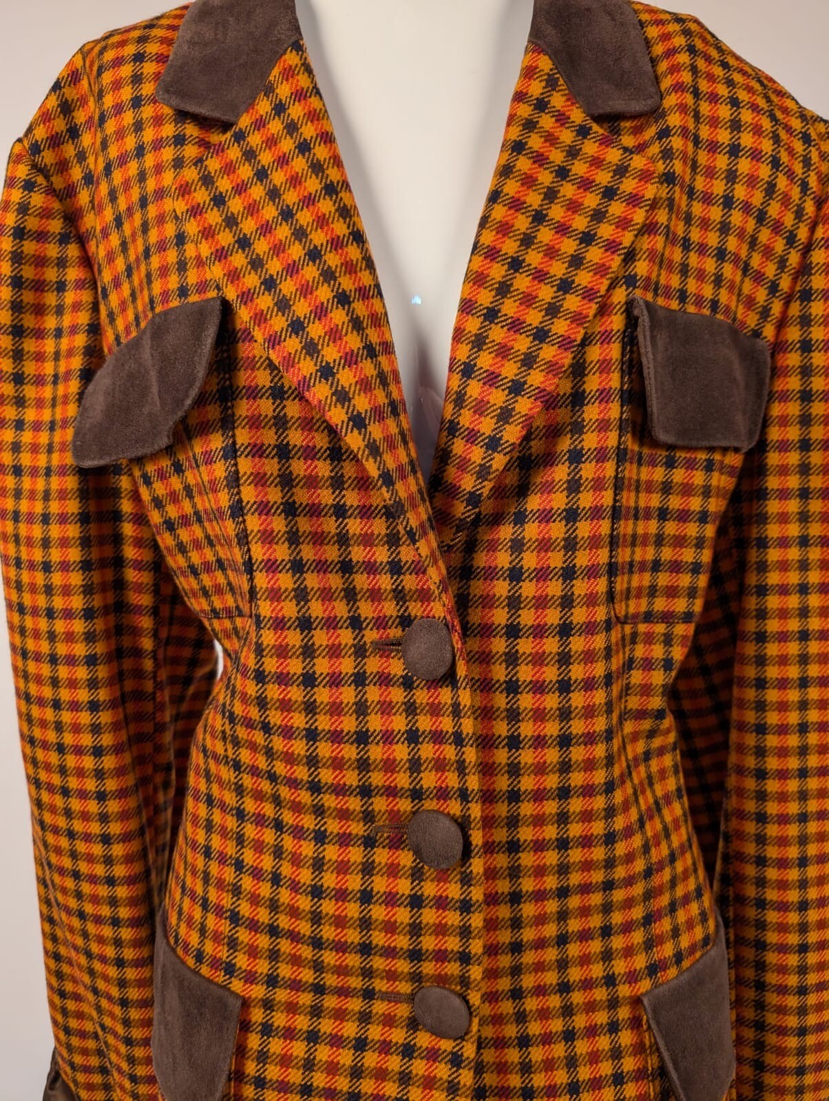 LOUIS FERAUD ORANGE PLAID WOOL + SOLID SUEDE JACKET MADE IN GERMANY