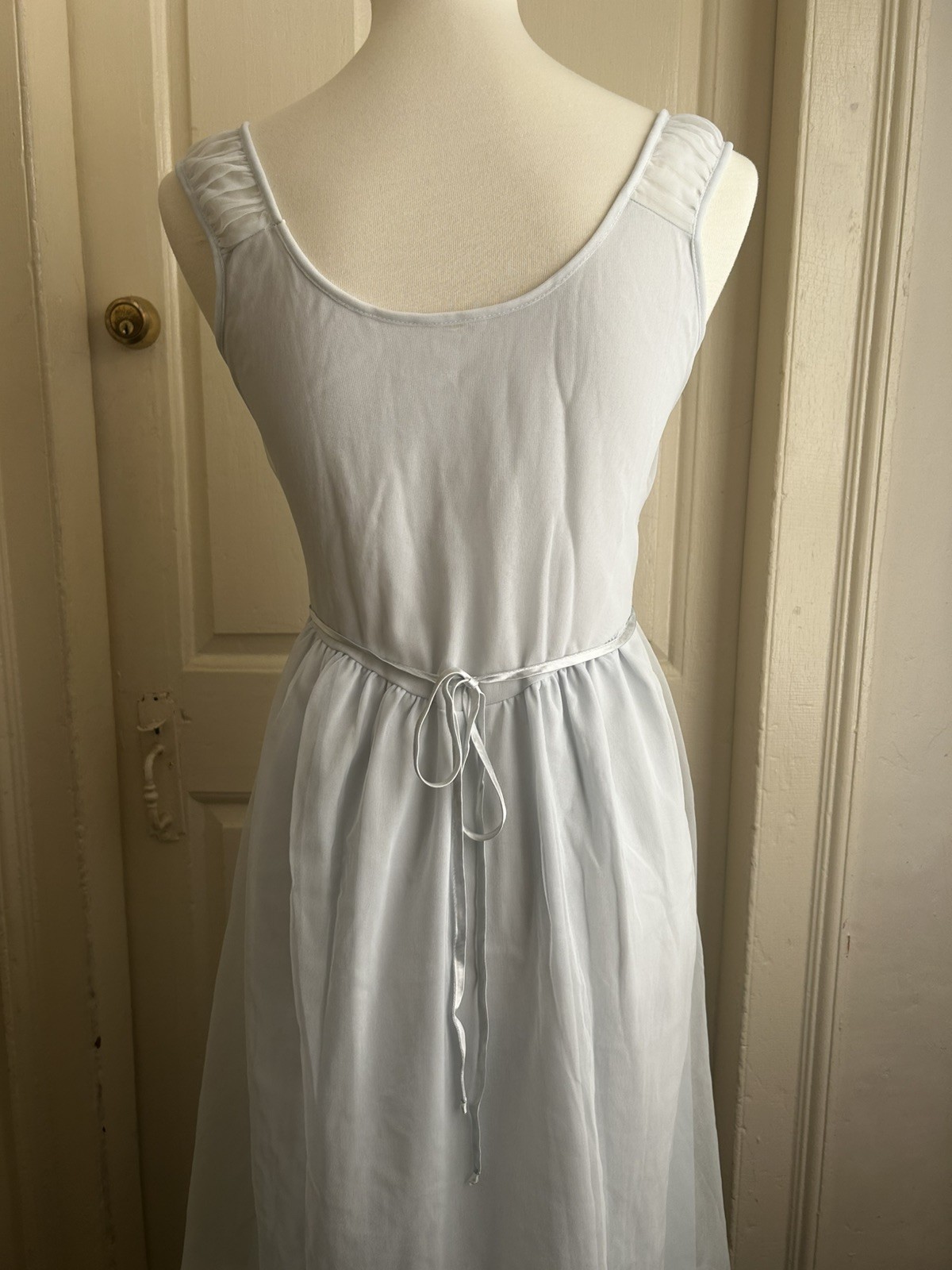 Vintage Pale Blue Chiffon Empire Waist Chemise with Ivory Lace Band XS/XXS