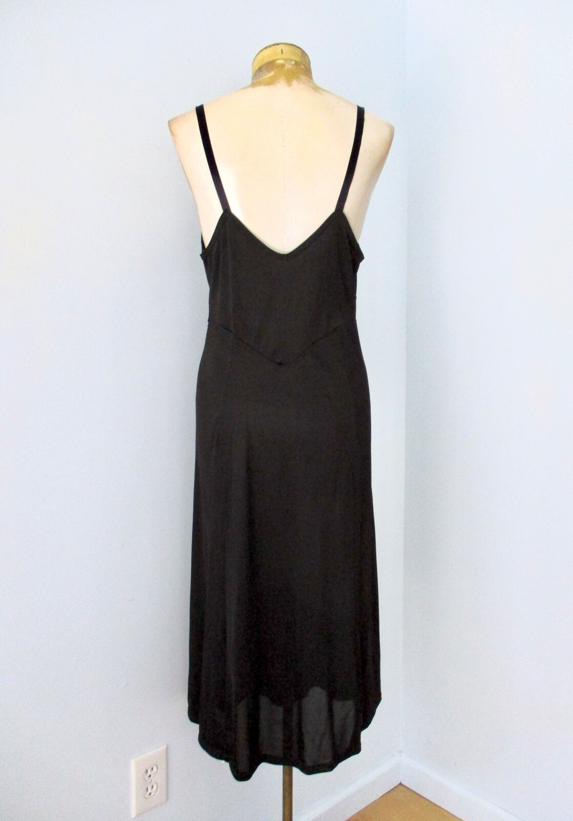 Vtg 50s 60s Wolverine Black Nylon Knit Full Midi Slip Ribbon Straps Burlesque 38