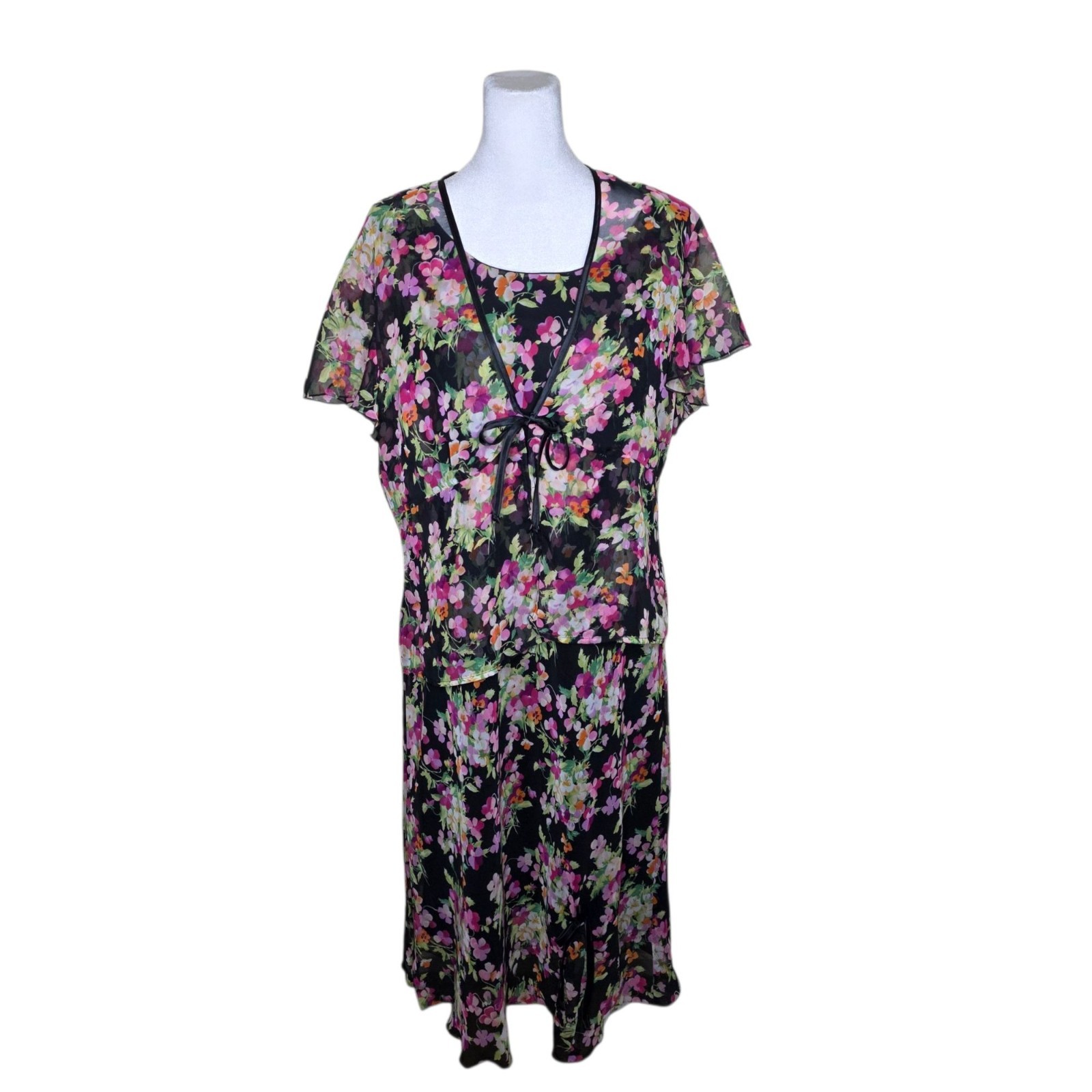 Vintage 90s Floral Slip Dress Womens XL Black Pink Bolero Topper