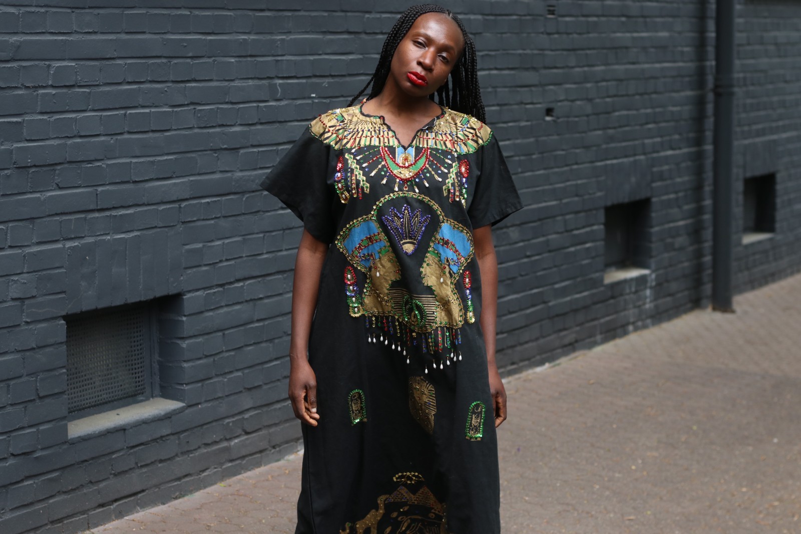 Vintage Egyptian Kaftan Black Gold Embroidered Maxi Dress 70s Boho Caftan