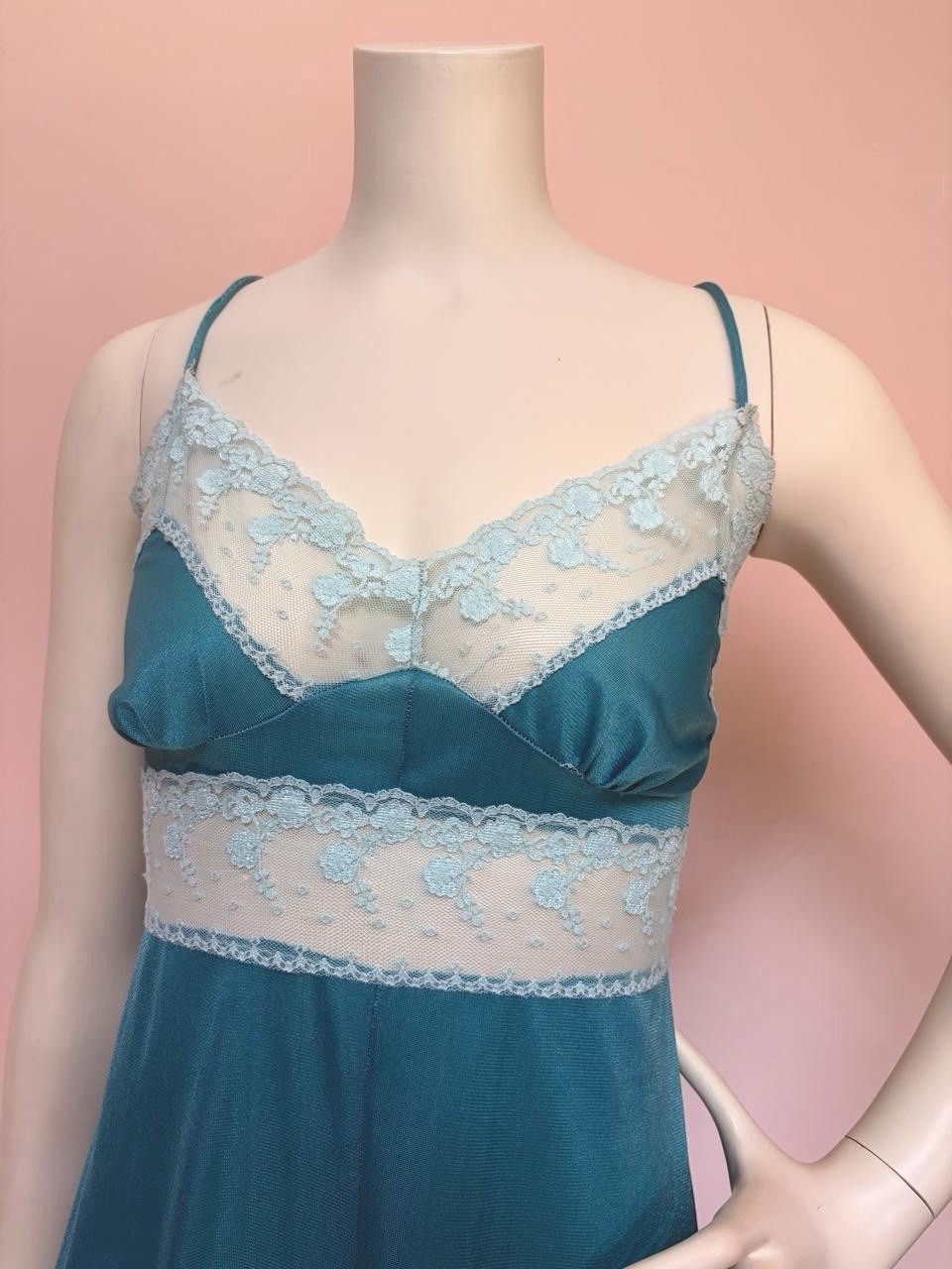 Vintage 70s/80s Teal Lace Lingerie Fairy coquette romantic Slip Dress Nylon L