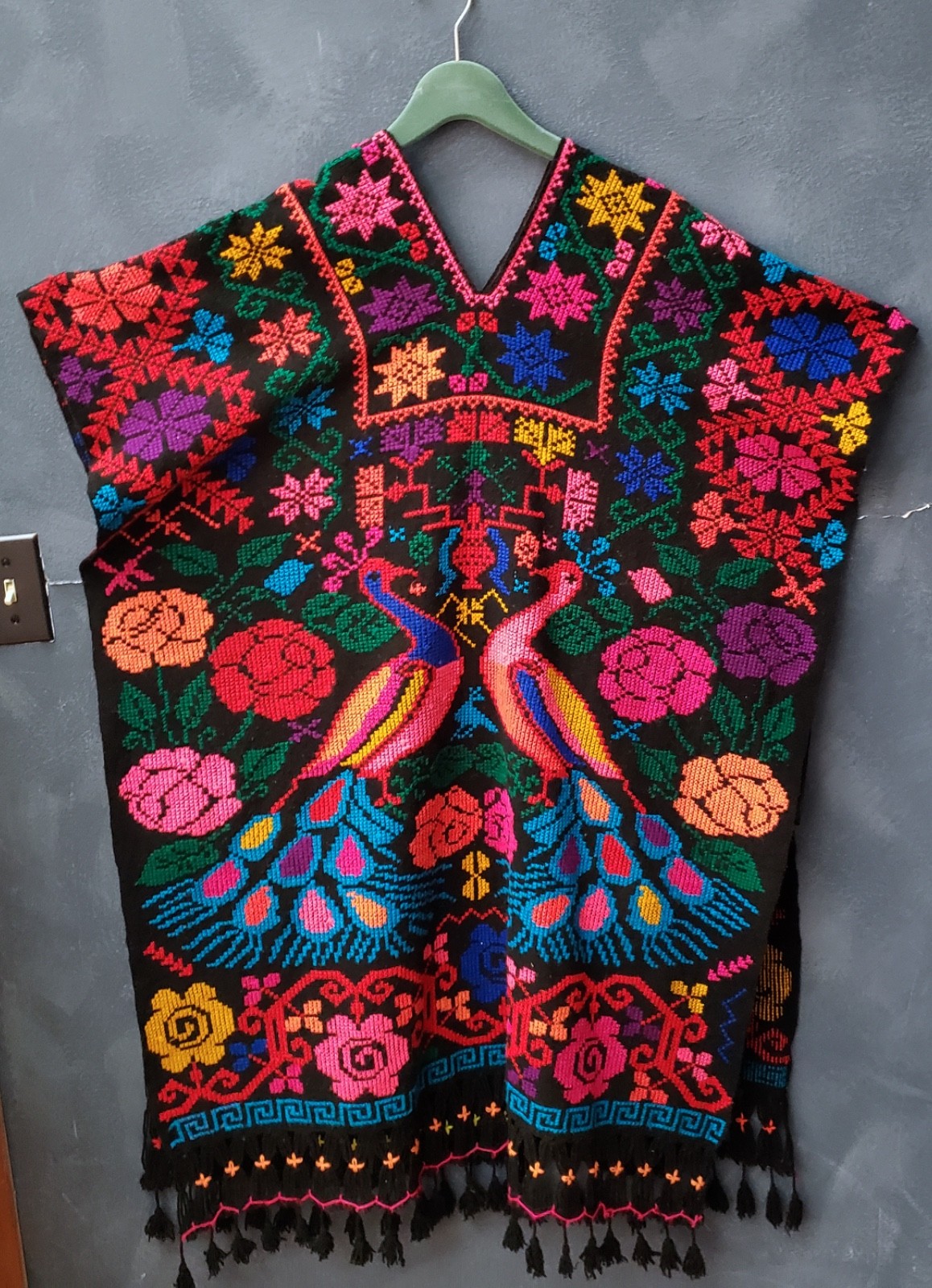 Vintage 70s Colorful Embroidered Boho Fringe Blanket Poncho OS