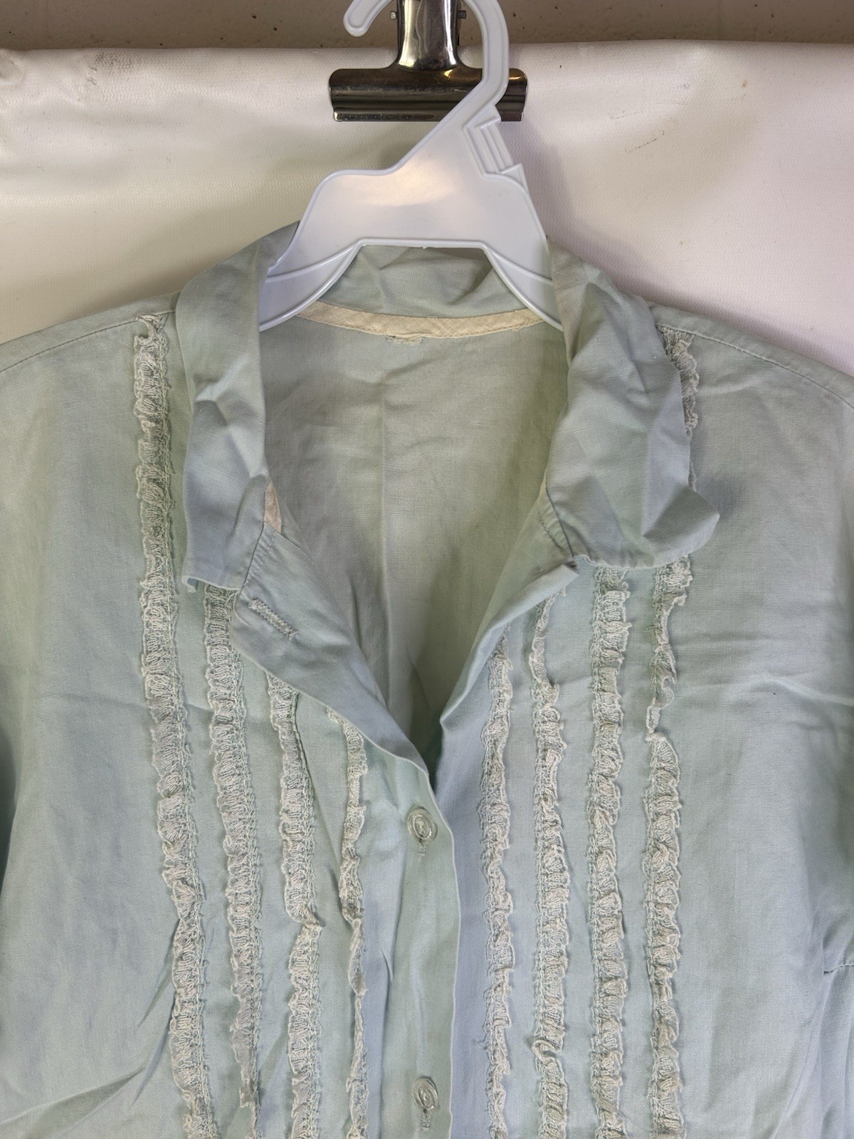 Vintage 50s Button Shirt Top Womens Small Frill Ruffle Lace Cottage Mod