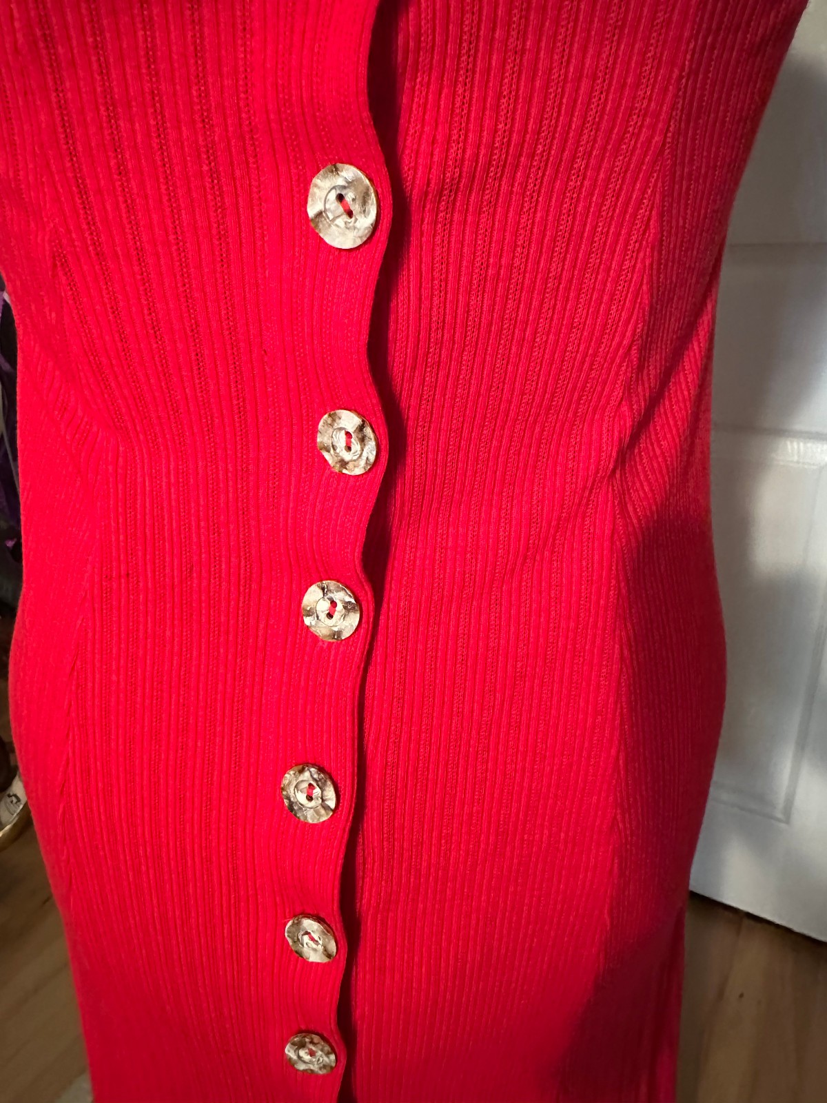 Vintage 100% Cotton Womens Button Front Maxi Dress Red Classic Sundress XS