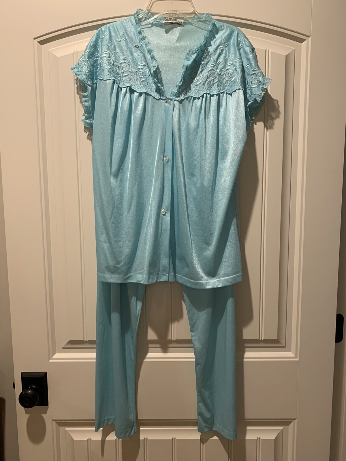 Vintage Sears Famous Bodies Nylon Pajamas Sz S 8/10 Aqua Embroidered/Lace Yoke