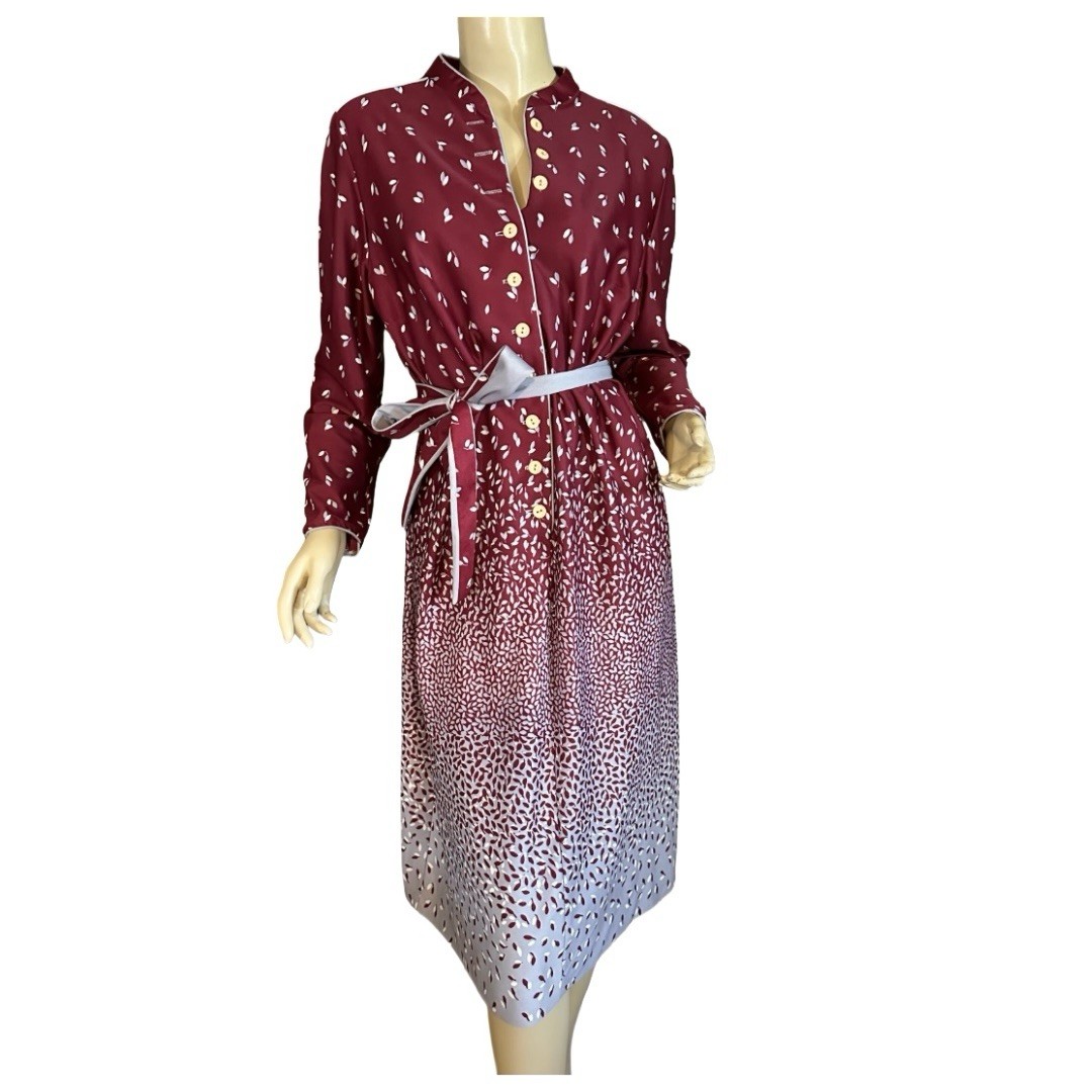 VINTAGE 1980’S LORAC BURGUNDY & GRAY LEAF PRINT SHIRT DRESS SIZE XL