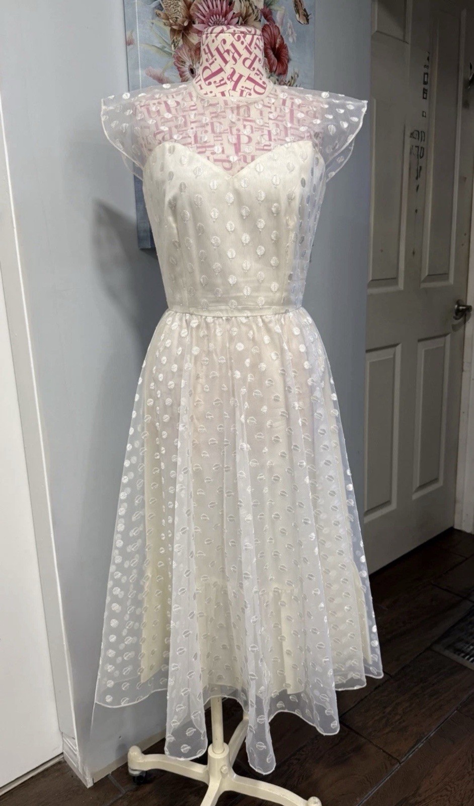 1950s Warren Petites Ivory Polka Dot Tulle Illusion Dress Tea Length Size 6