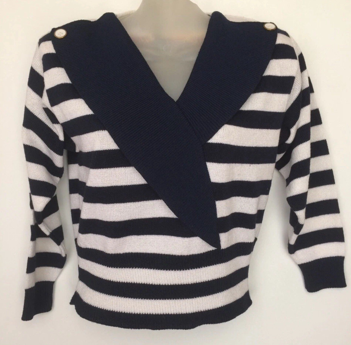 VTG 80s Laura by Alyzia Knit Striped Blue White Cardigan Sweater Size 4 USA R3O3