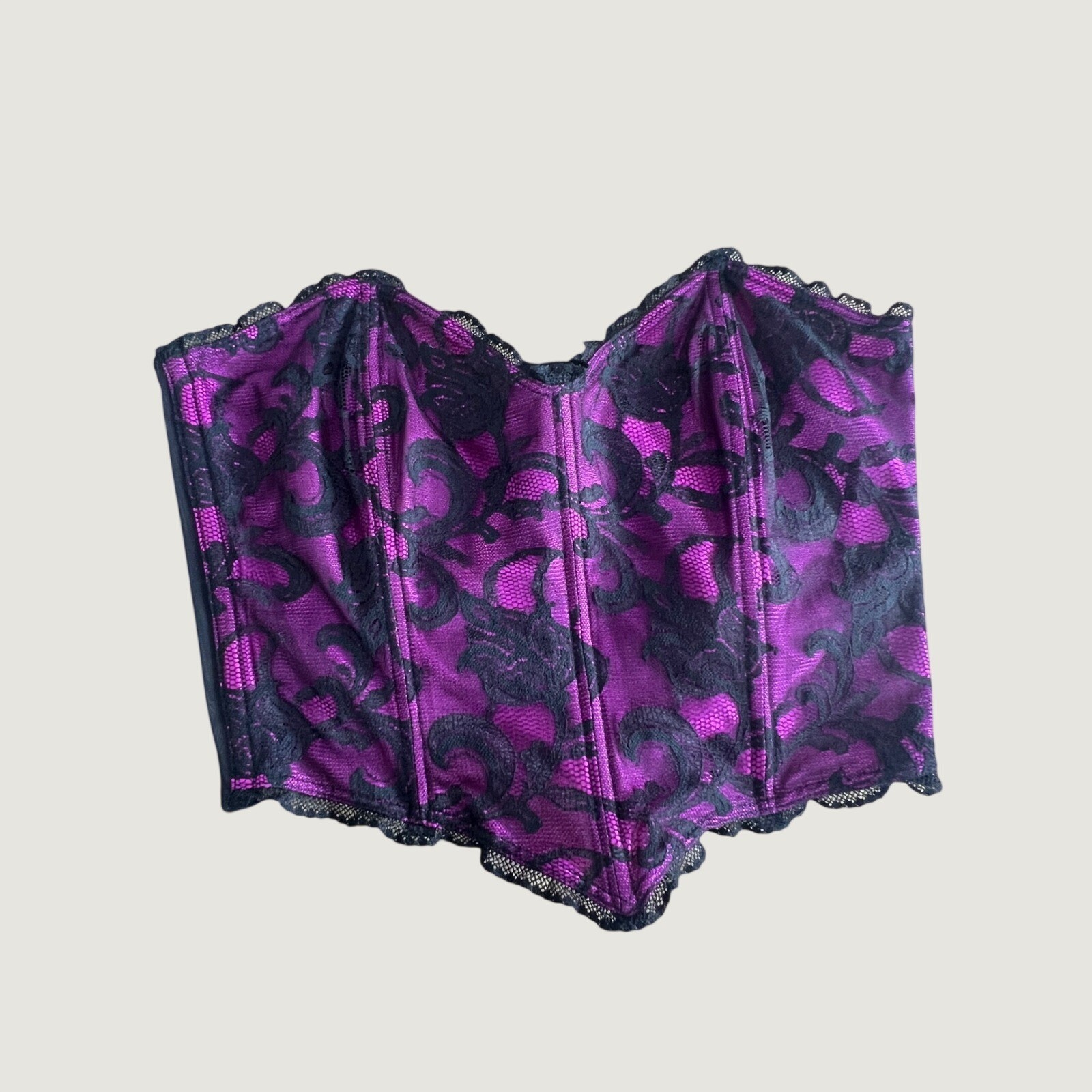 Vintage JCPenney Delicates Purple Black Lace Bustier Top Boned Size 38 3203