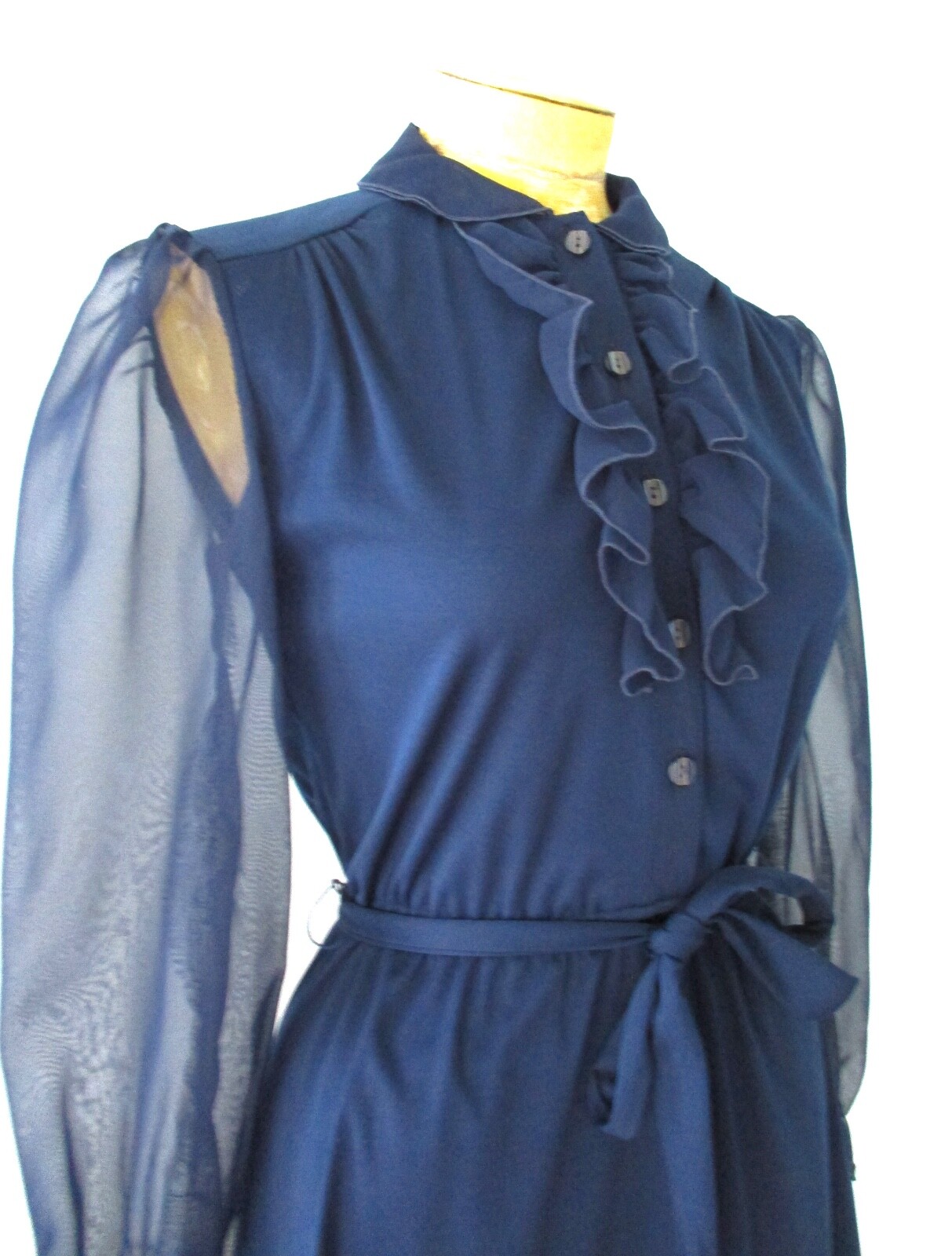 Vtg 70s Blue Poly Chiffon Knit Dress Sheer Puff Sleeves Tuxedo Ruffle PS or S