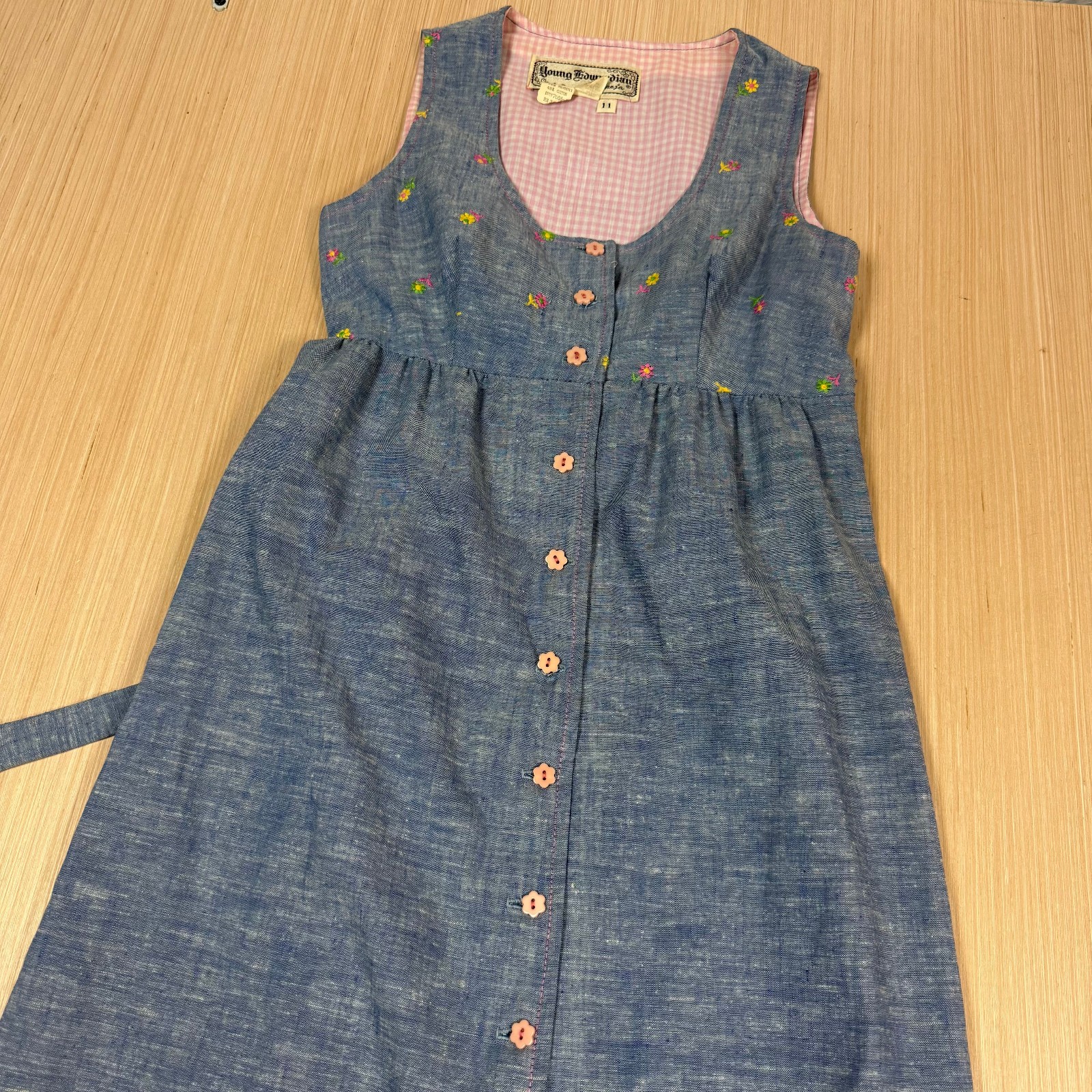 Vintage 70s Young Edwardian Dress size 11 Floral Farm Girl Cottage Core Chambray
