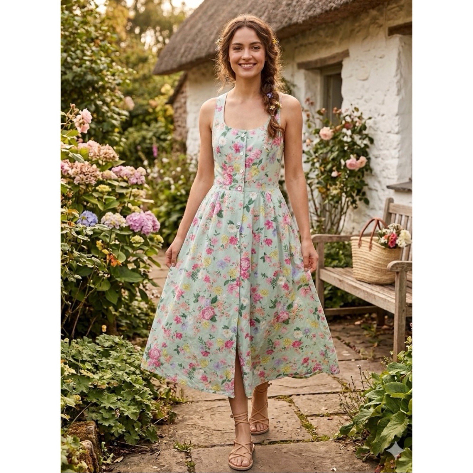 VTG Carol Anderson Floral Mint Garden Party Fit Flare Cottagecore Midi Dress 10