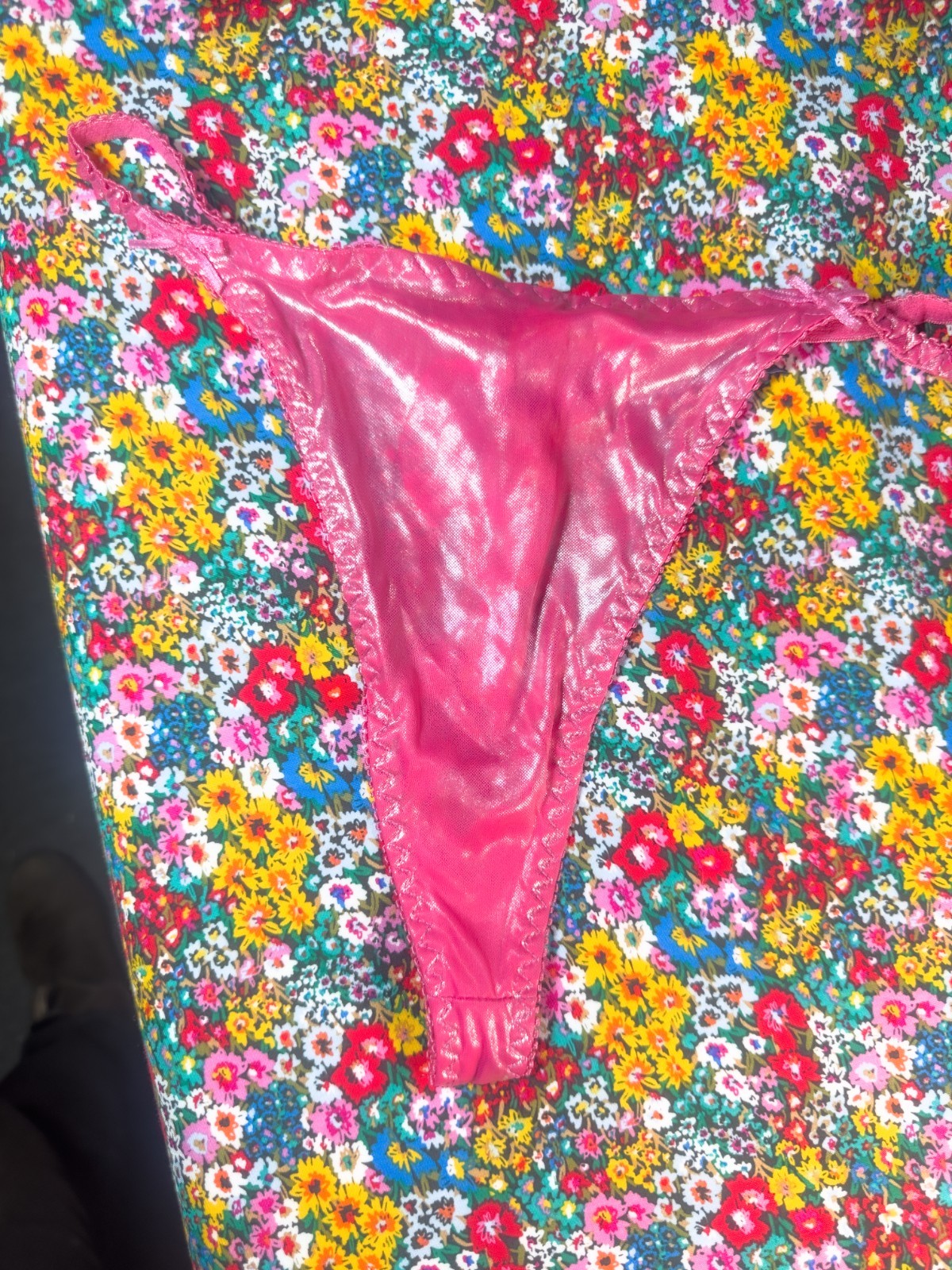 VTG Satin Hot Pink Metallic Foil Thong M6
