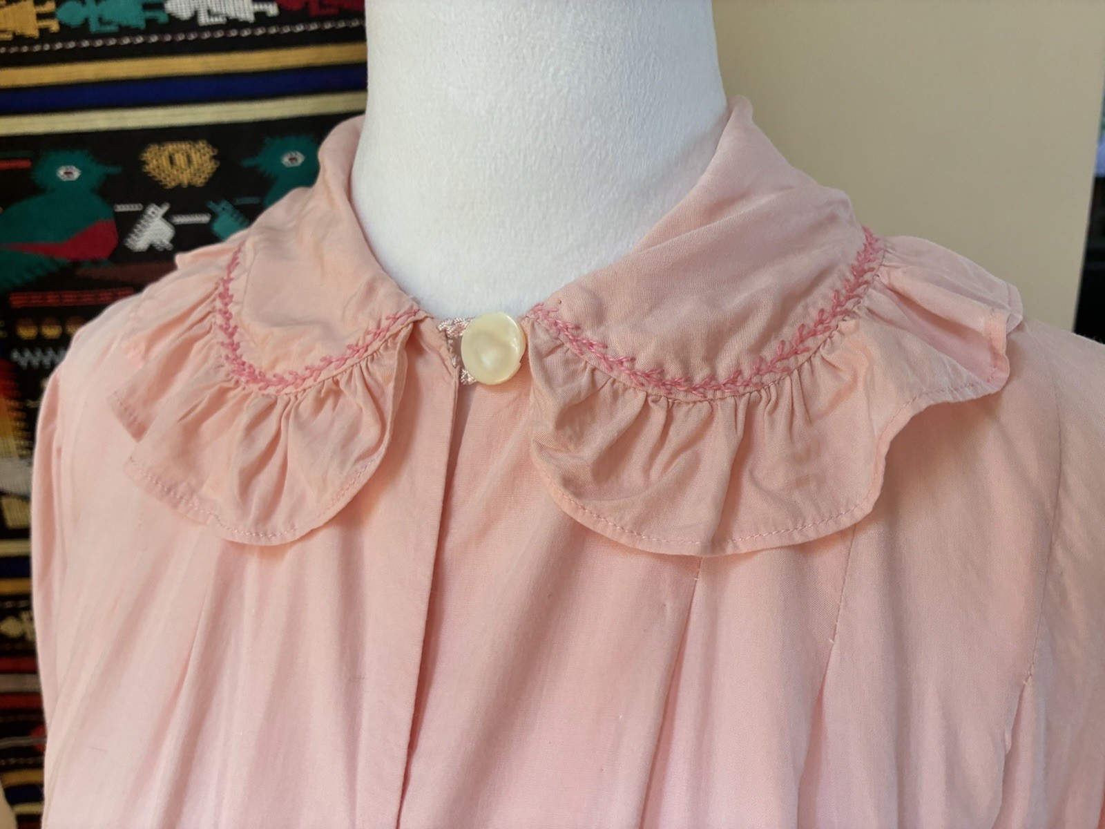 Vintage 40s/50s Handmade Pink Bed Jacket w Ruffle Collar & Embroidery