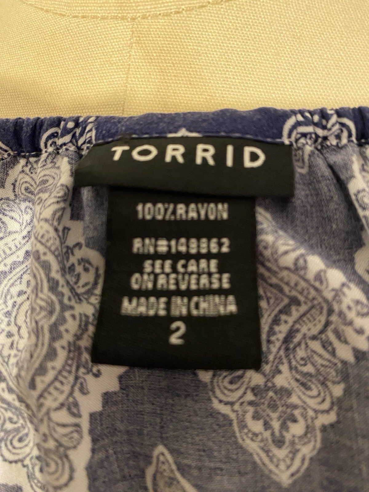Women’s Rayon Bohemian Tunic Sz2 in blue & white w/open shoulder 3/4 sleeve