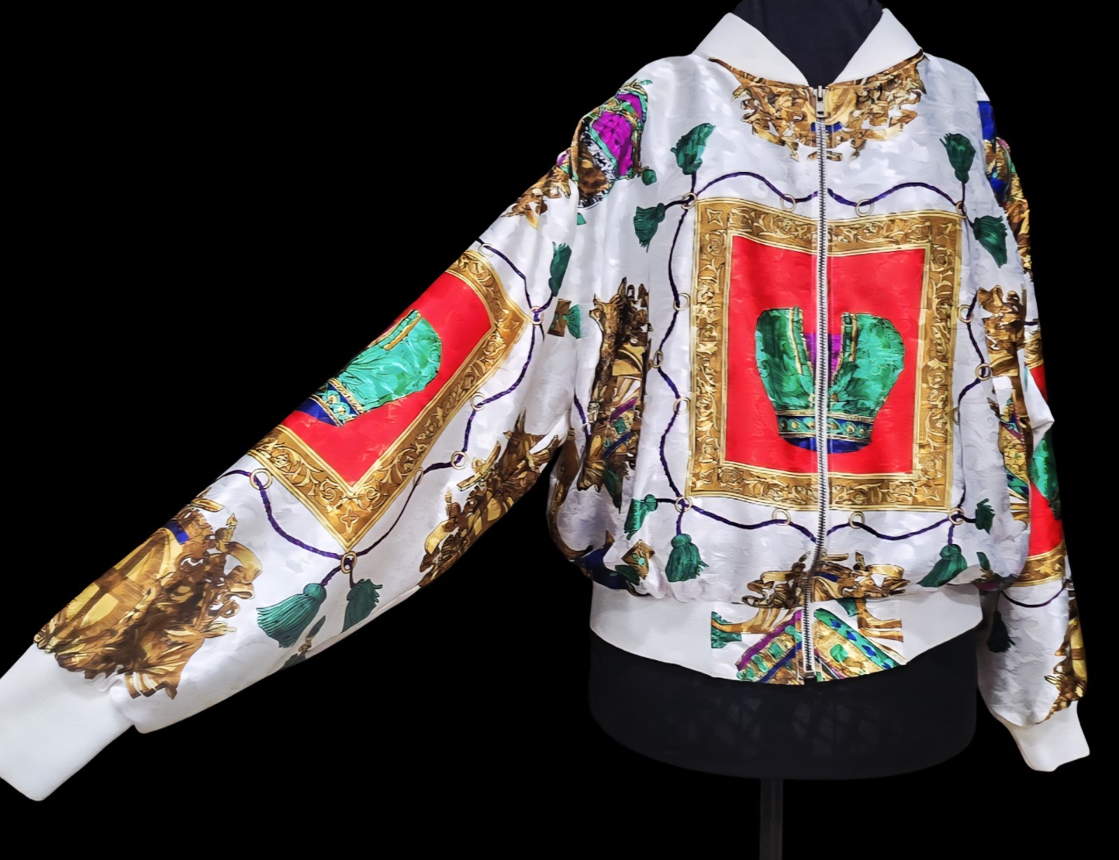 1980s PMB FASHION APPAREL Silky Polyester BaroqueStyle Korean Bomber Jacket XL